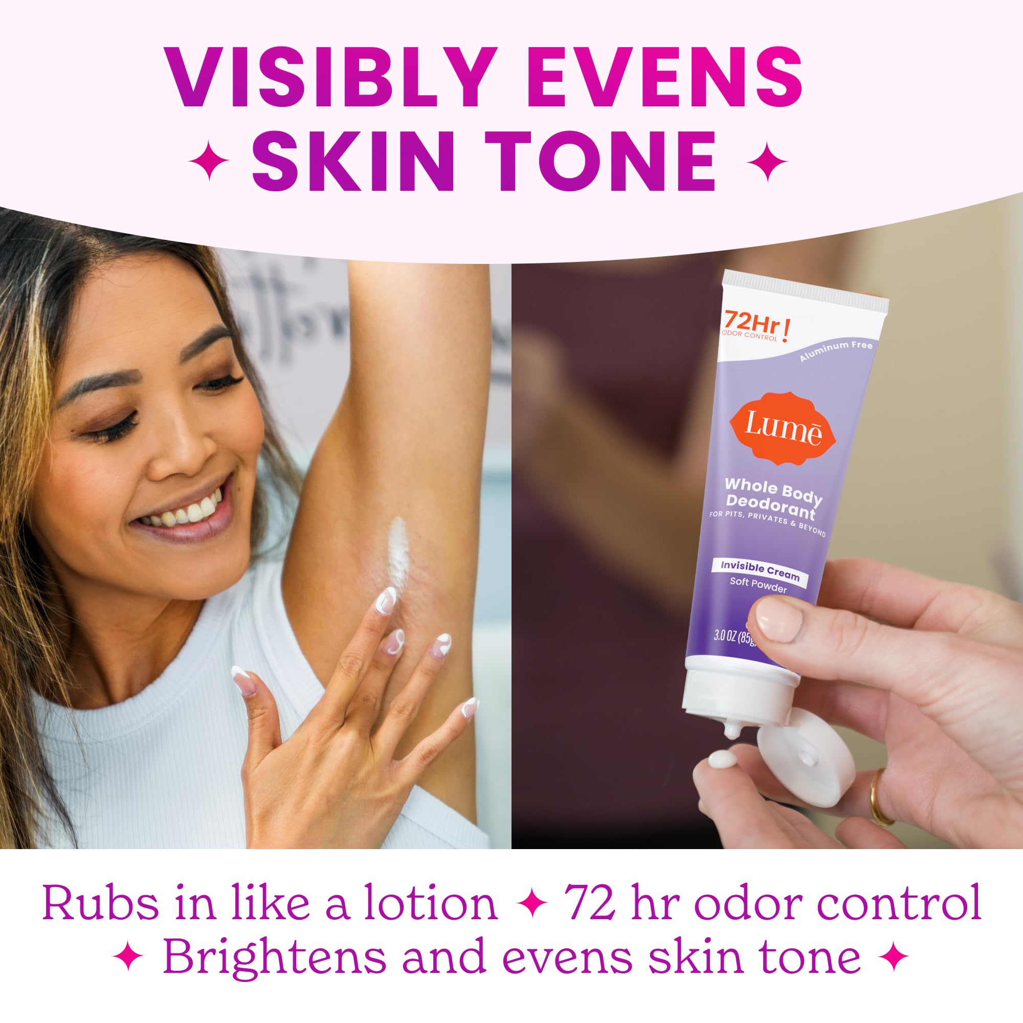 Lume Whole Body Deodorant Invisible Cream Tube Pack of 3 | 72-Hour Odor Control | Aluminum & Baking Soda Free | Toasted Coconut, Soft Powder & Clean Tangerine