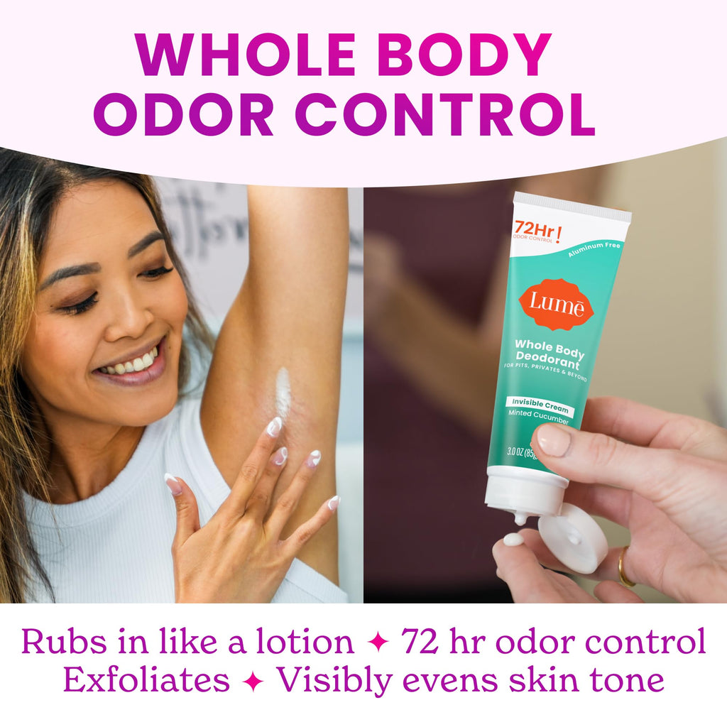 LUME Whole Body Deodorant - Minted Cucumber | Invisible Cream Tube, 72-Hour Odor Control, Aluminum-Free, Baking Soda-Free | Pack of 2 (3.0 oz)
