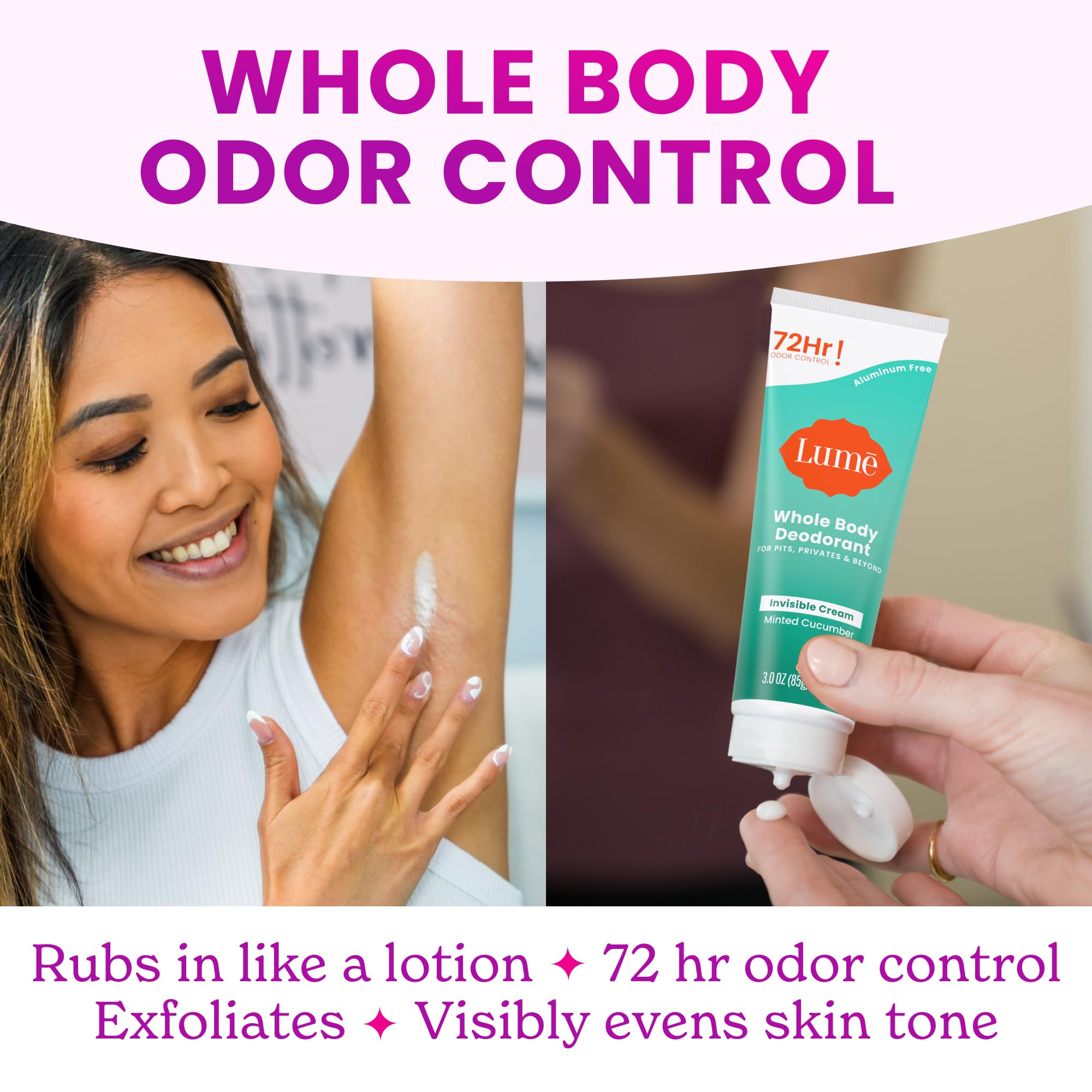 LUME Whole Body Deodorant - Minted Cucumber | Invisible Cream Tube, 72-Hour Odor Control, Aluminum-Free, Baking Soda-Free | Pack of 2 (3.0 oz)