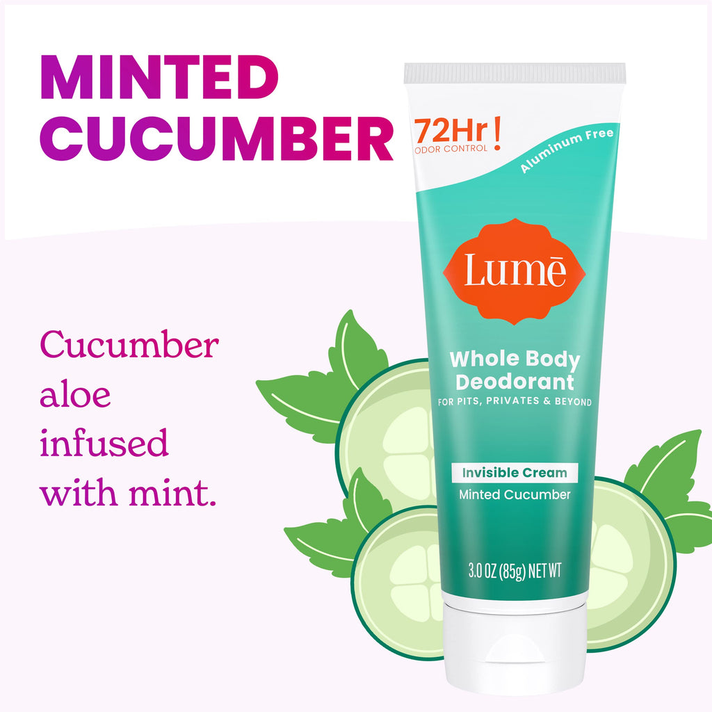 LUME Whole Body Deodorant - Minted Cucumber | Invisible Cream Tube, 72-Hour Odor Control, Aluminum-Free, Baking Soda-Free | Pack of 2 (3.0 oz)