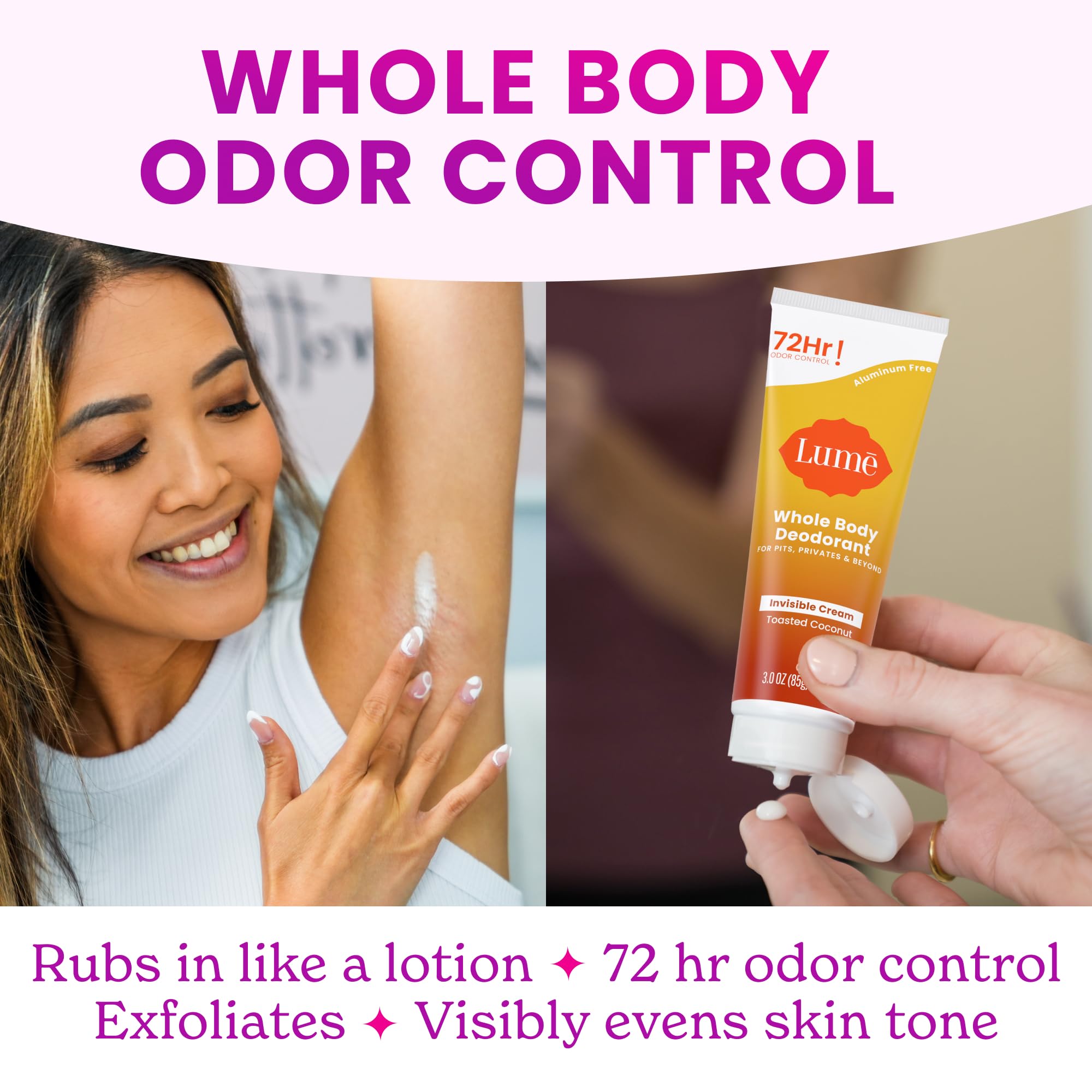 Lume Whole Body Deodorant – Aluminum Free, 72-Hour Odor Control – Toasted Coconut (Cream Tube + Solid Stick Bundle)