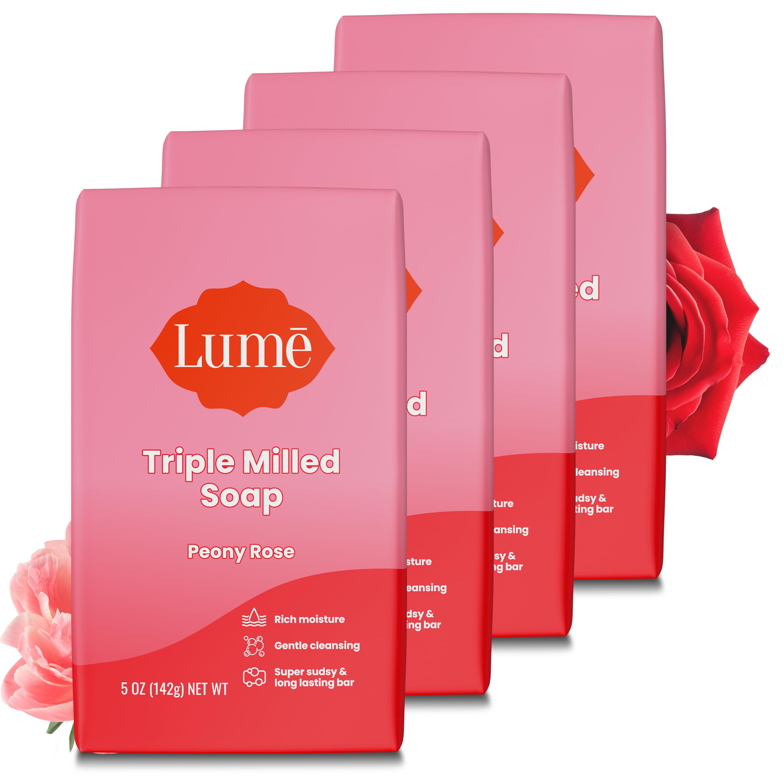 Lume Triple Milled Bar Soap – Rich Moisture & Gentle Cleansing | Peony Rose, Pack of 4 (5 oz each)