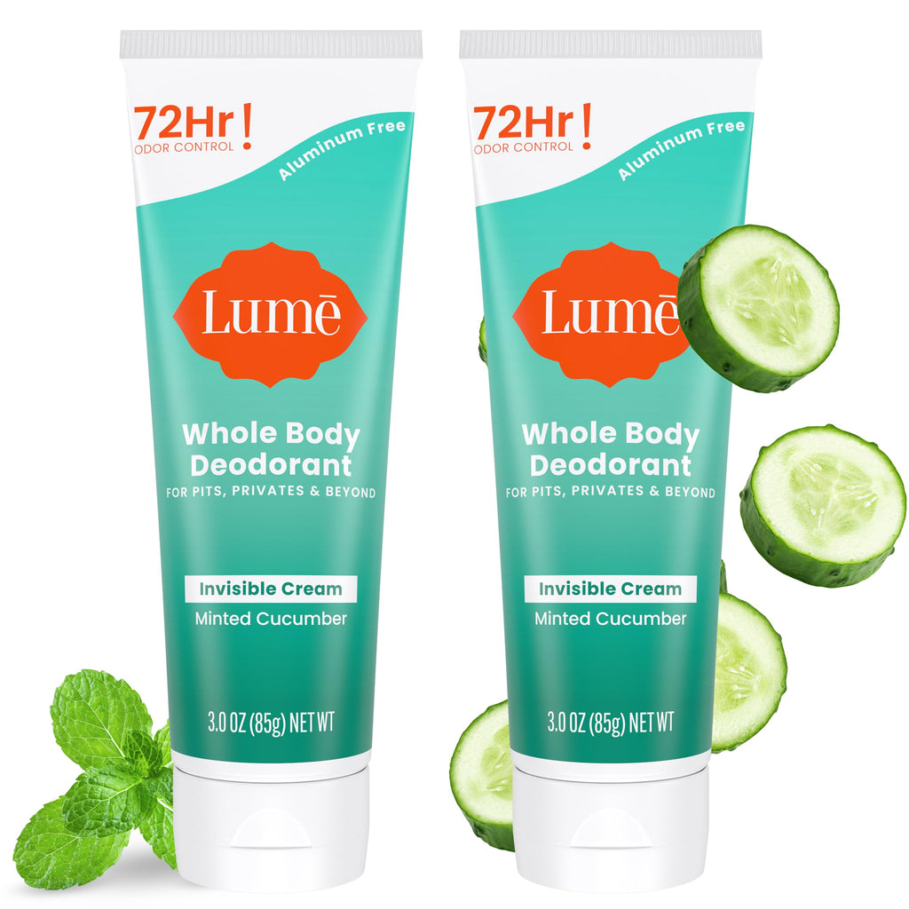 LUME Whole Body Deodorant - Minted Cucumber | Invisible Cream Tube, 72-Hour Odor Control, Aluminum-Free, Baking Soda-Free | Pack of 2 (3.0 oz)