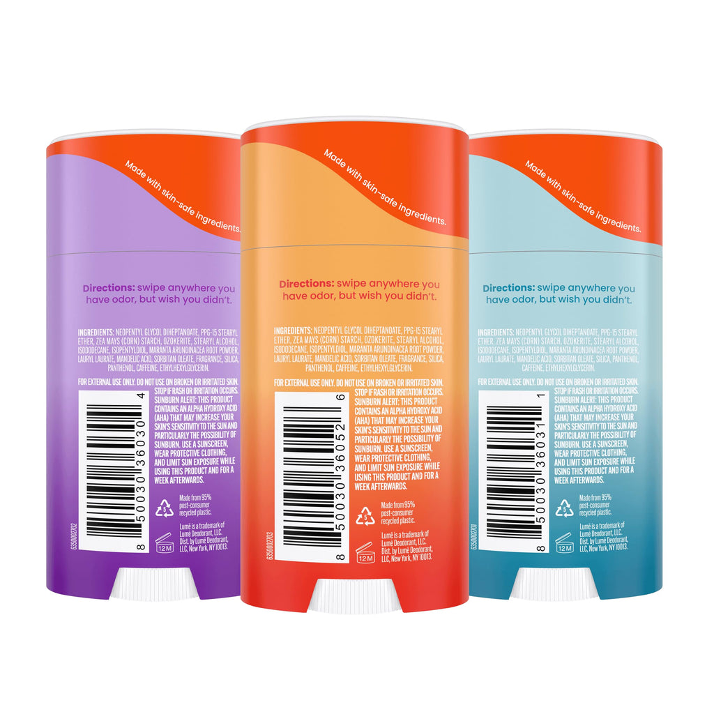 Lume Whole Body Deodorant 3-Pack — Aluminum & Baking Soda Free, 72-Hour Odor Control (Clean Tangerine, Lavender Sage, Unscented)