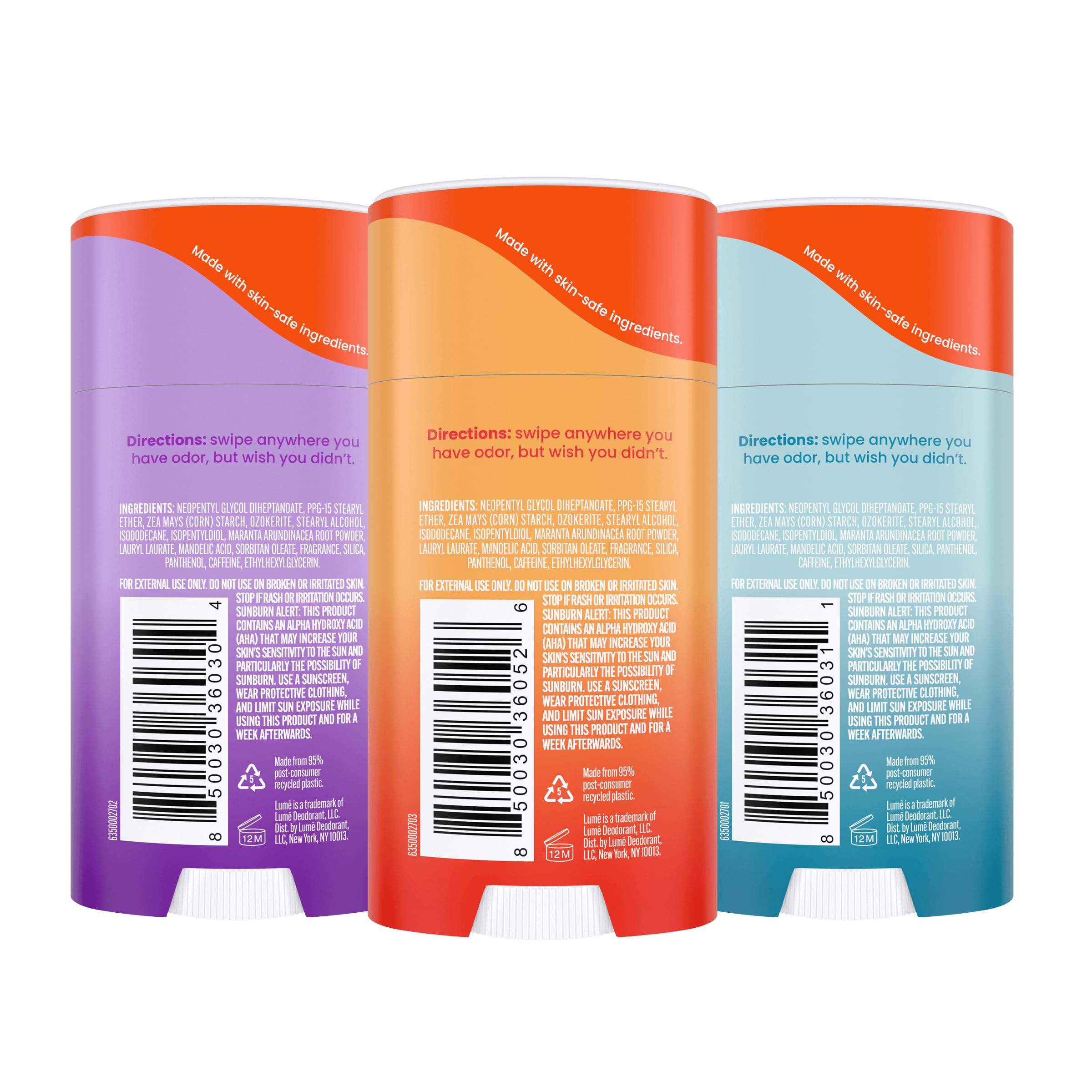 Lume Whole Body Deodorant 3-Pack — Aluminum & Baking Soda Free, 72-Hour Odor Control (Clean Tangerine, Lavender Sage, Unscented)