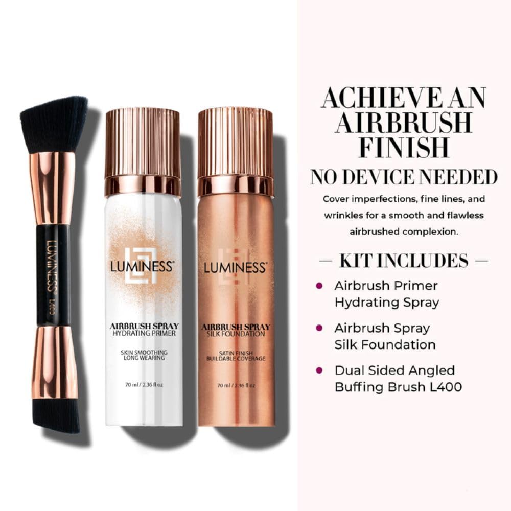 LUMINESS Airbrush Silk Foundation Starter Kit – Warm | Medium Shade, Hydrating Primer & Brush