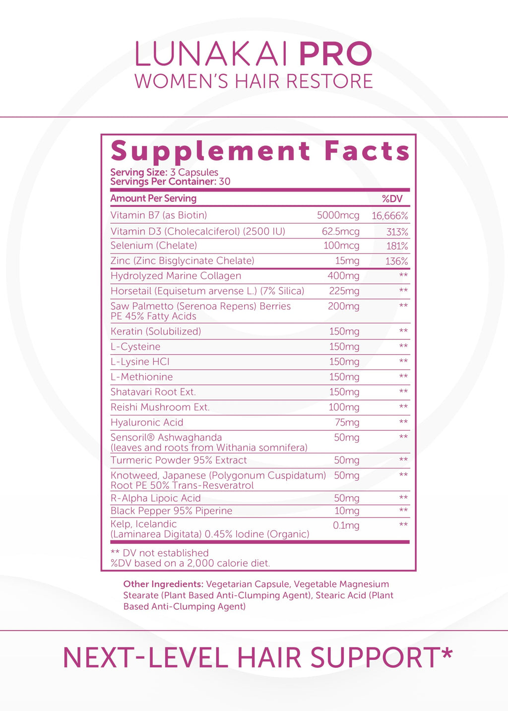 Lunakai PRO: USA-Made Women’s Hair Growth Vitamins – 90 Count