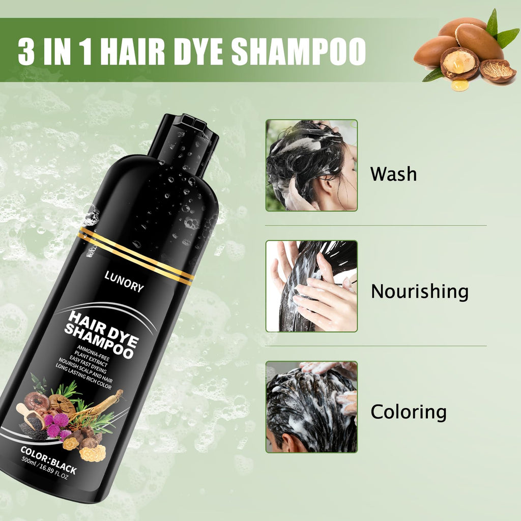 Lunory Black Hair Dye Shampoo – 3-in-1 Color, 100% Gray Coverage, Ammonia & Paraben Free (500ml)