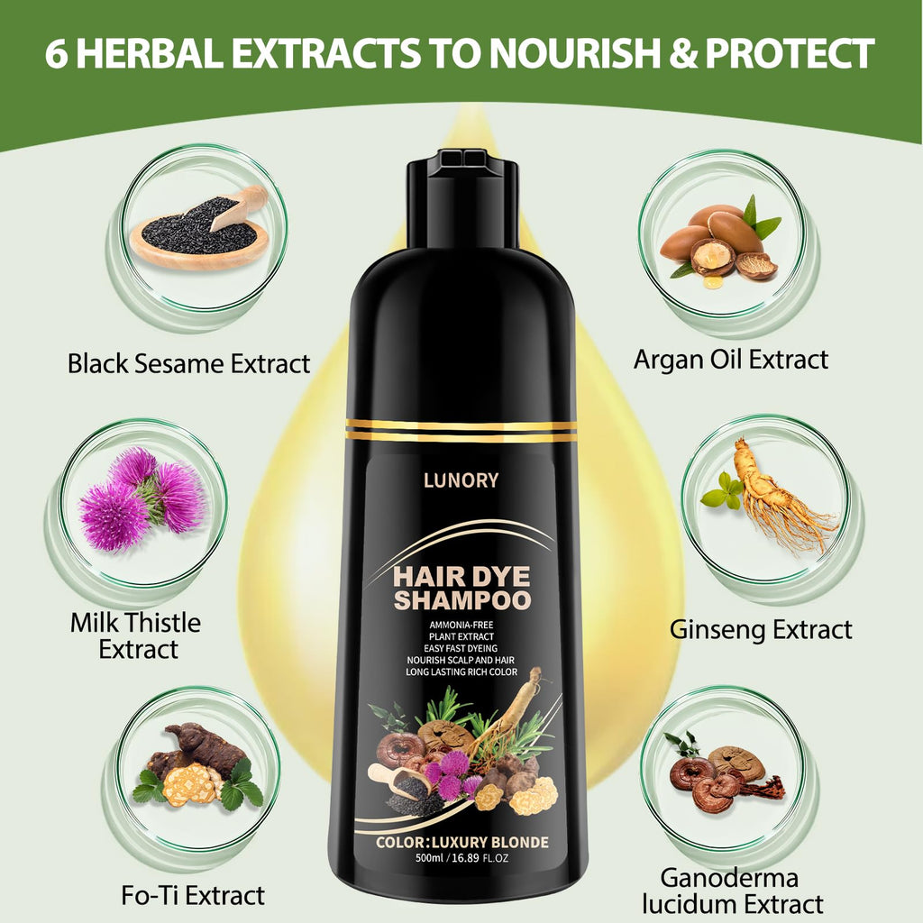 Lunory Light Blonde Hair Dye Shampoo for Gray Coverage – 3 in 1 Color, Argan Oil & Ginseng, 500ml