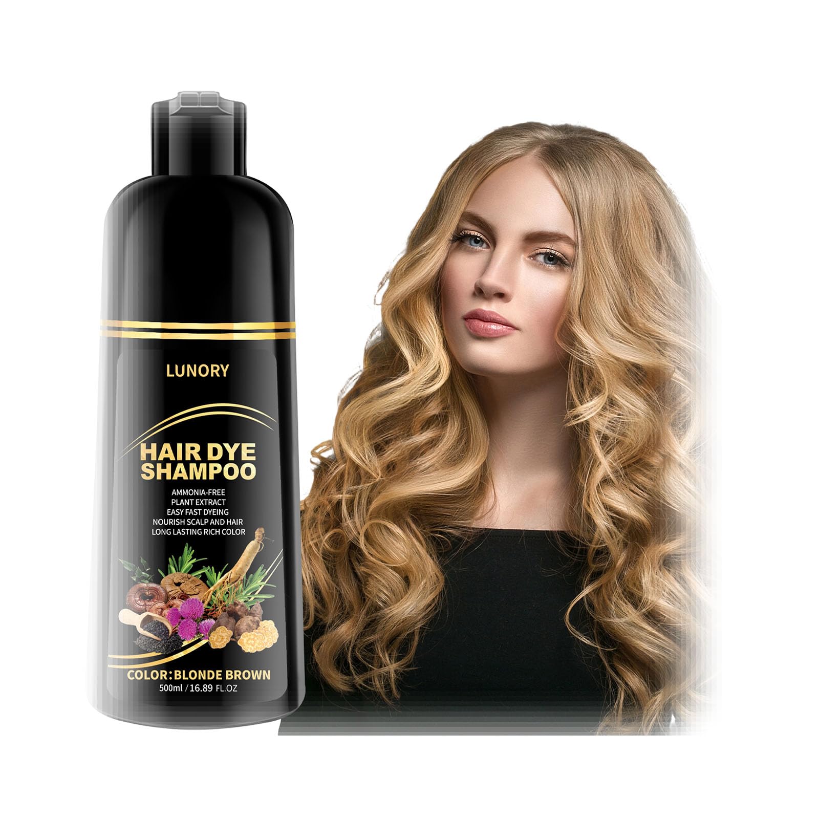 Lunory Blonde Brown Hair Dye Shampoo – Gray Coverage, 3-in-1 Color Shampoo (Argan Oil & Ginseng) 500ml