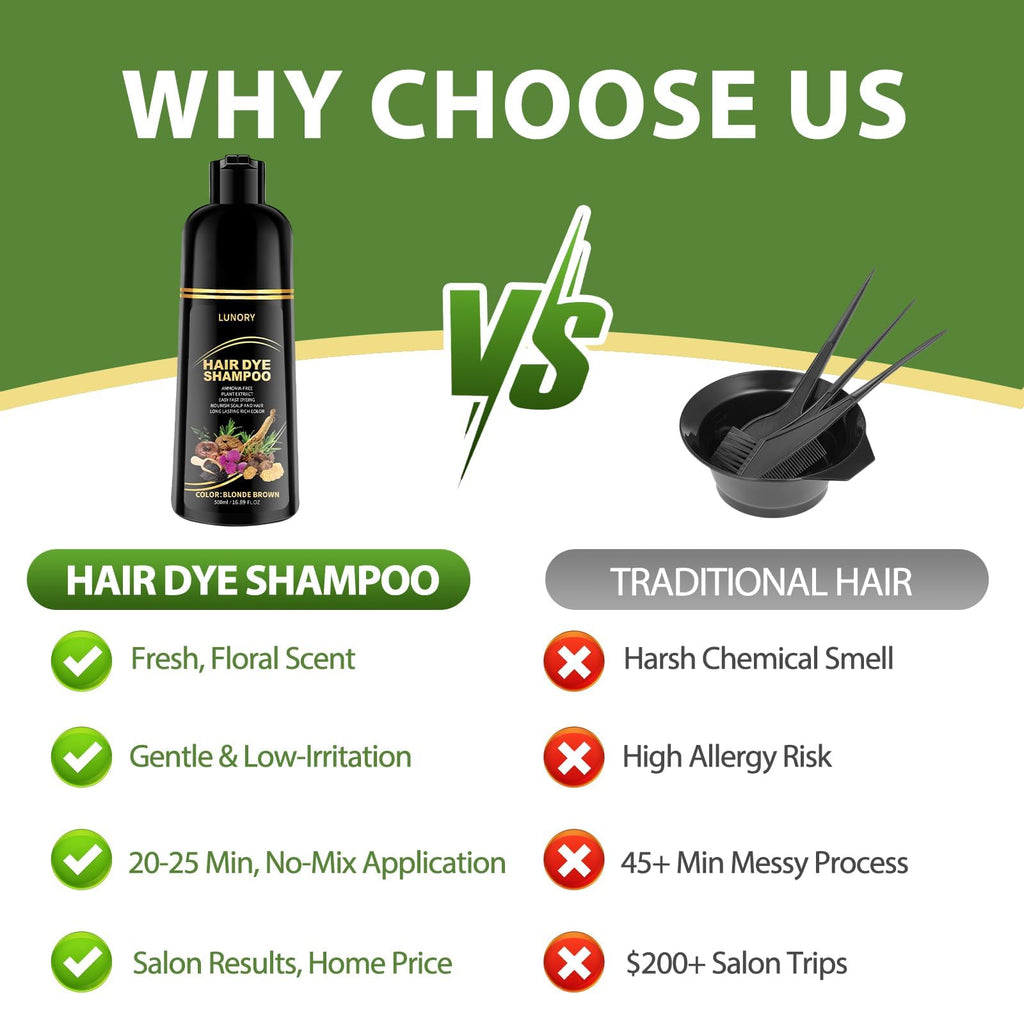 Lunory Blonde Brown Hair Dye Shampoo – Gray Coverage, 3-in-1 Color Shampoo (Argan Oil & Ginseng) 500ml