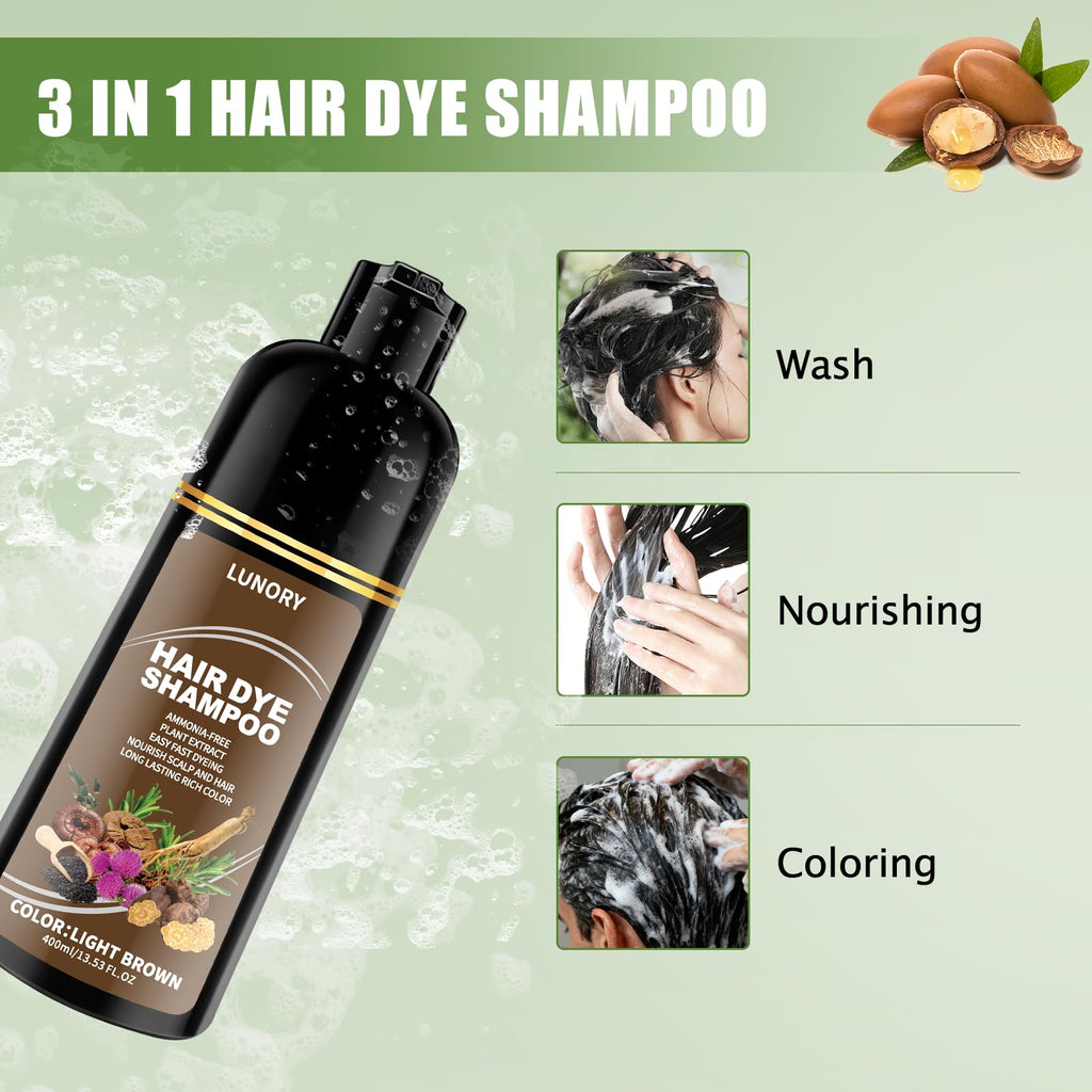 Lunory Light Brown Hair Dye Shampoo – 3-in-1 Color, Ammonia-Free & Paraben-Free