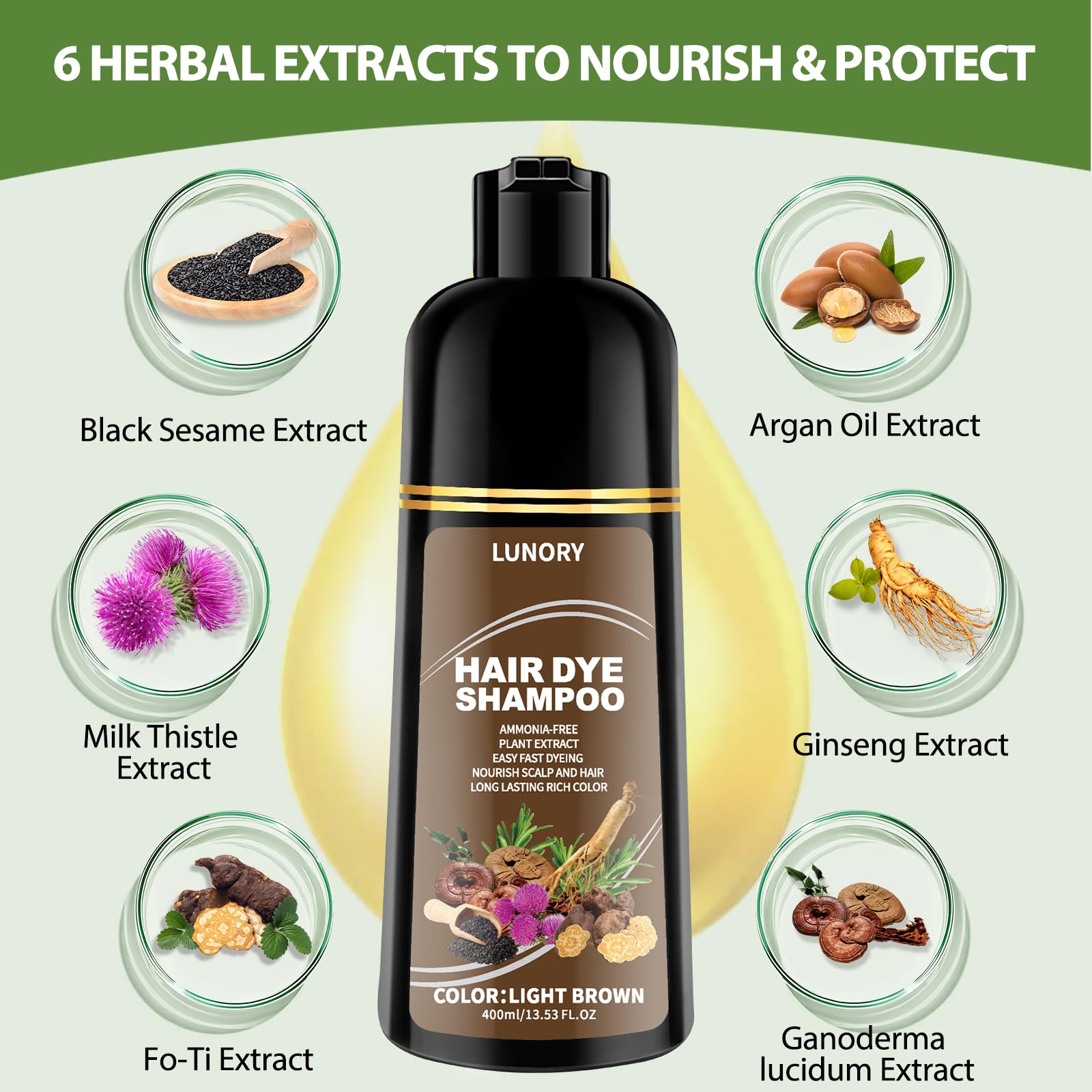 Lunory Light Brown Hair Dye Shampoo – 3-in-1 Color, Ammonia-Free & Paraben-Free
