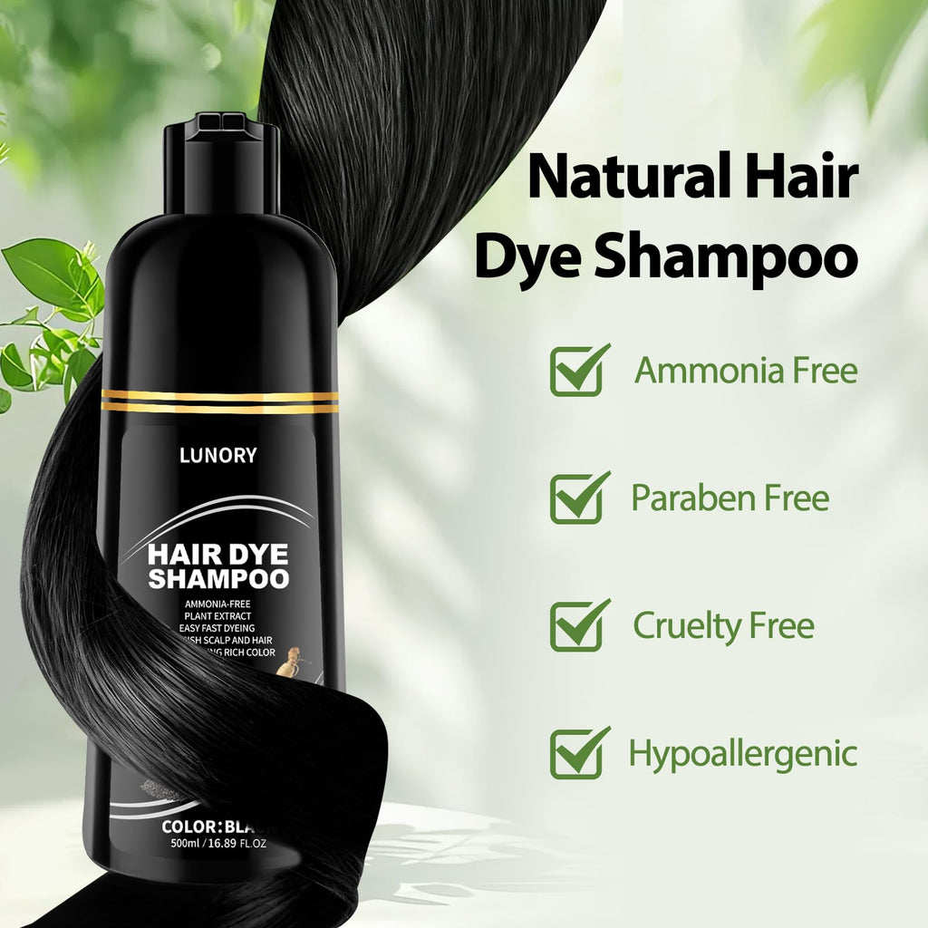 Lunory Black Hair Dye Shampoo – 3-in-1 Color, 100% Gray Coverage, Ammonia & Paraben Free (500ml)