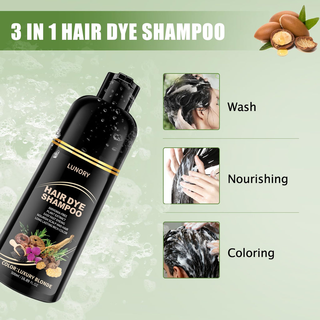 Lunory Light Blonde Hair Dye Shampoo for Gray Coverage – 3 in 1 Color, Argan Oil & Ginseng, 500ml