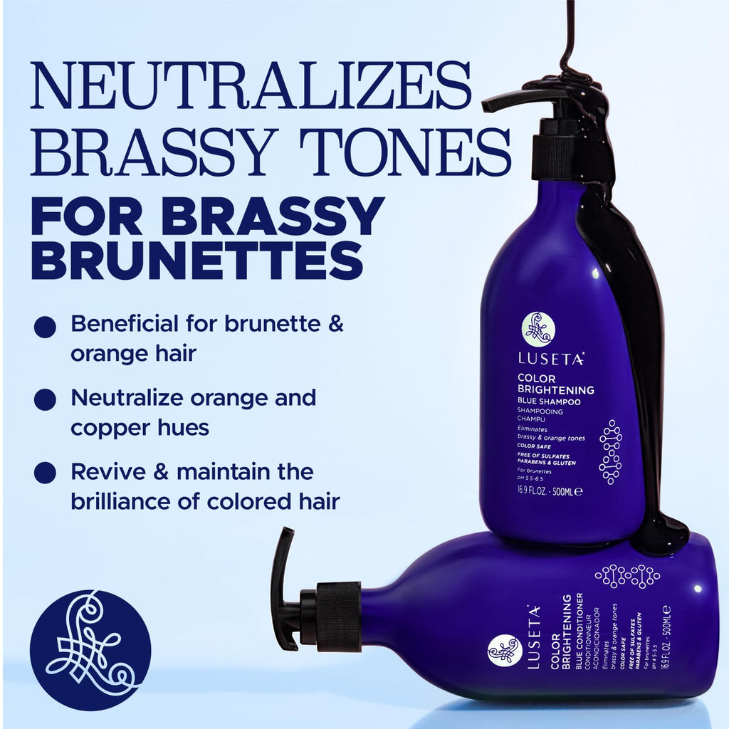 Luseta Blue Shampoo & Conditioner Set – Color Brightening for Brassy & Brunette Tones, 2x16.9oz