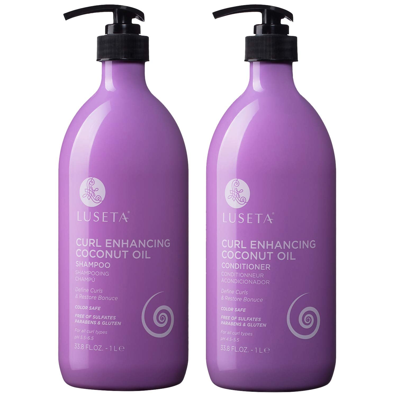 L LUSETA Curly Hair Shampoo & Conditioner Set – Define Curls, Coconut Oil, Color Safe, Sulfate Free