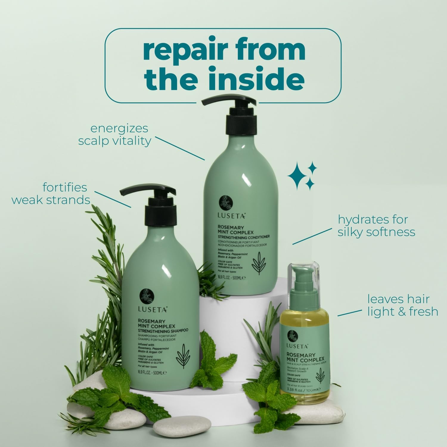 Luseta Rosemary Mint Shampoo & Conditioner 16.9oz + Hair Oil 3.38oz Trio – Nourishment & Smoothness for Thin Hair