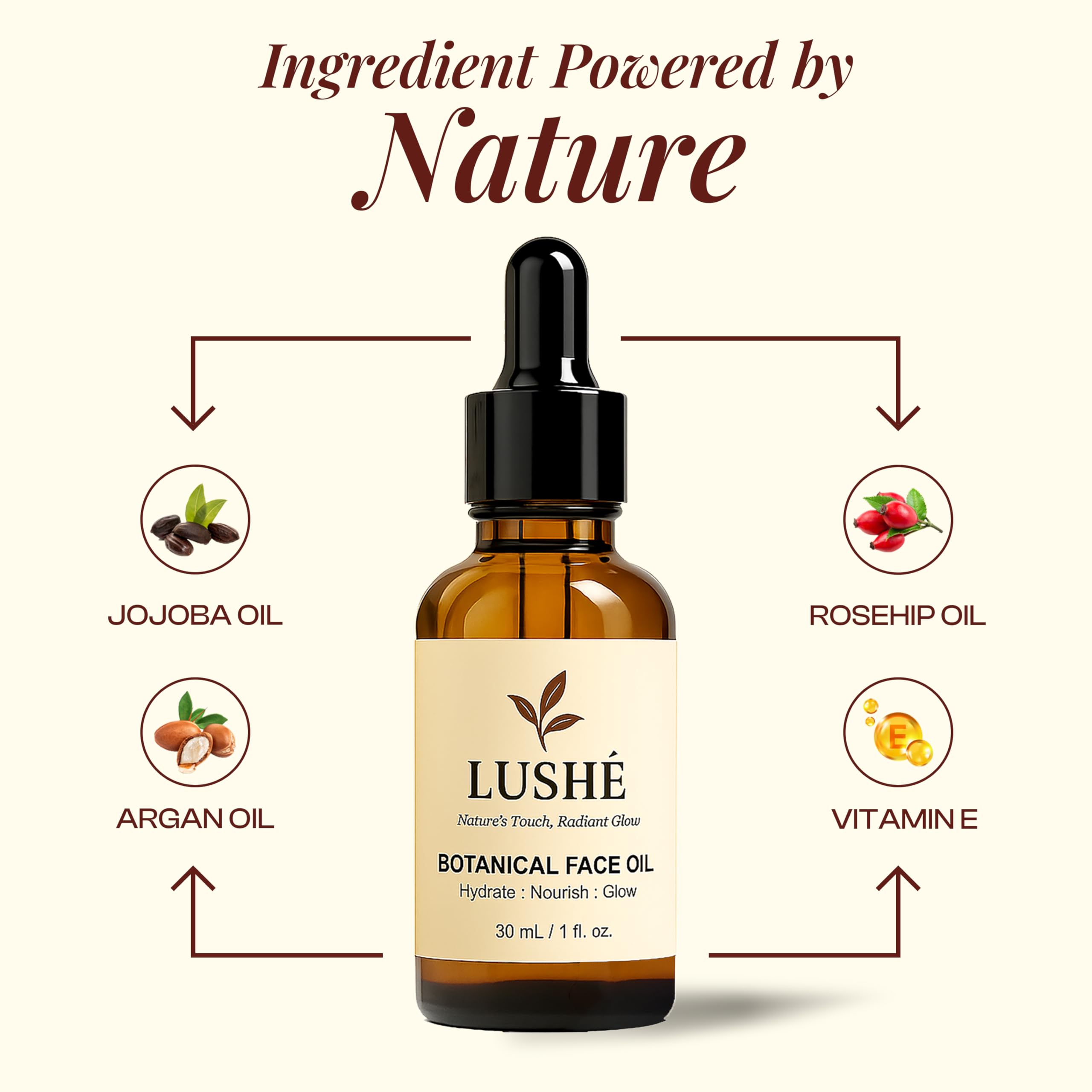 LusheCare Vitamin E Face Oil – Jojoba, Rosehip & Argan, 1 oz