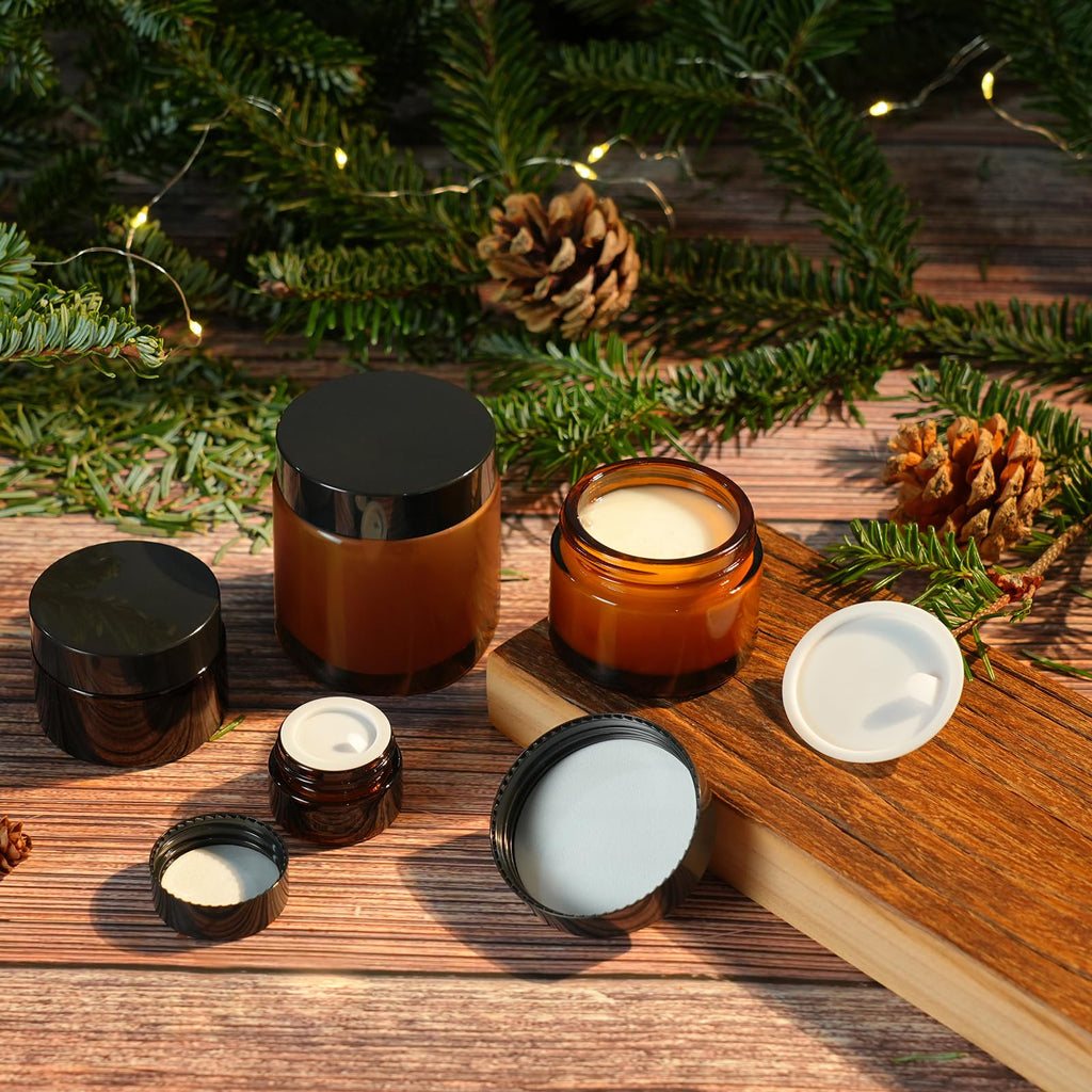 Lustervial 4oz Amber Glass Jars with Lids Black Label – 16 Pack Travel Cosmetic Containers