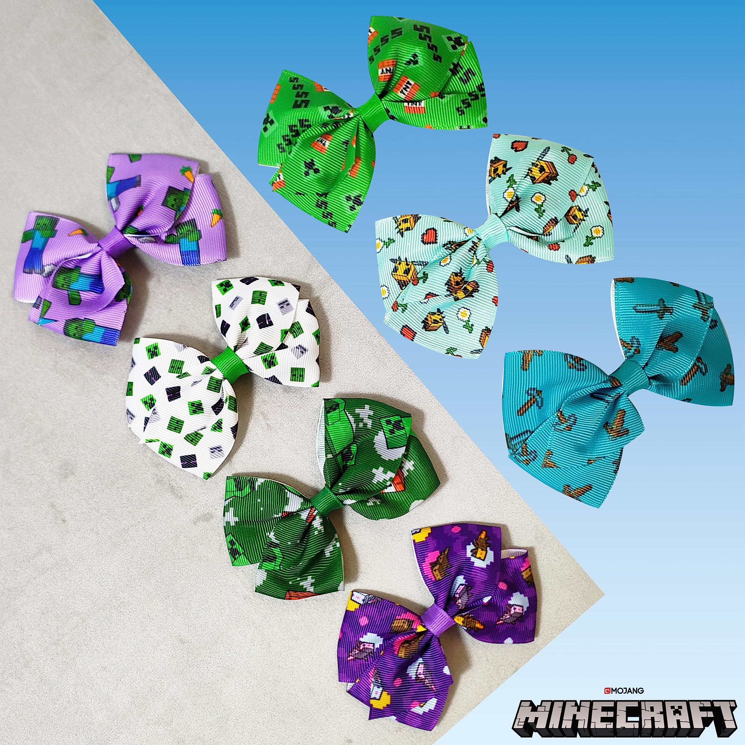 LUV HER Minecraft Kids Hair Bows - 7 Pcs, 4-Inch Bundle, Multicolor Clips