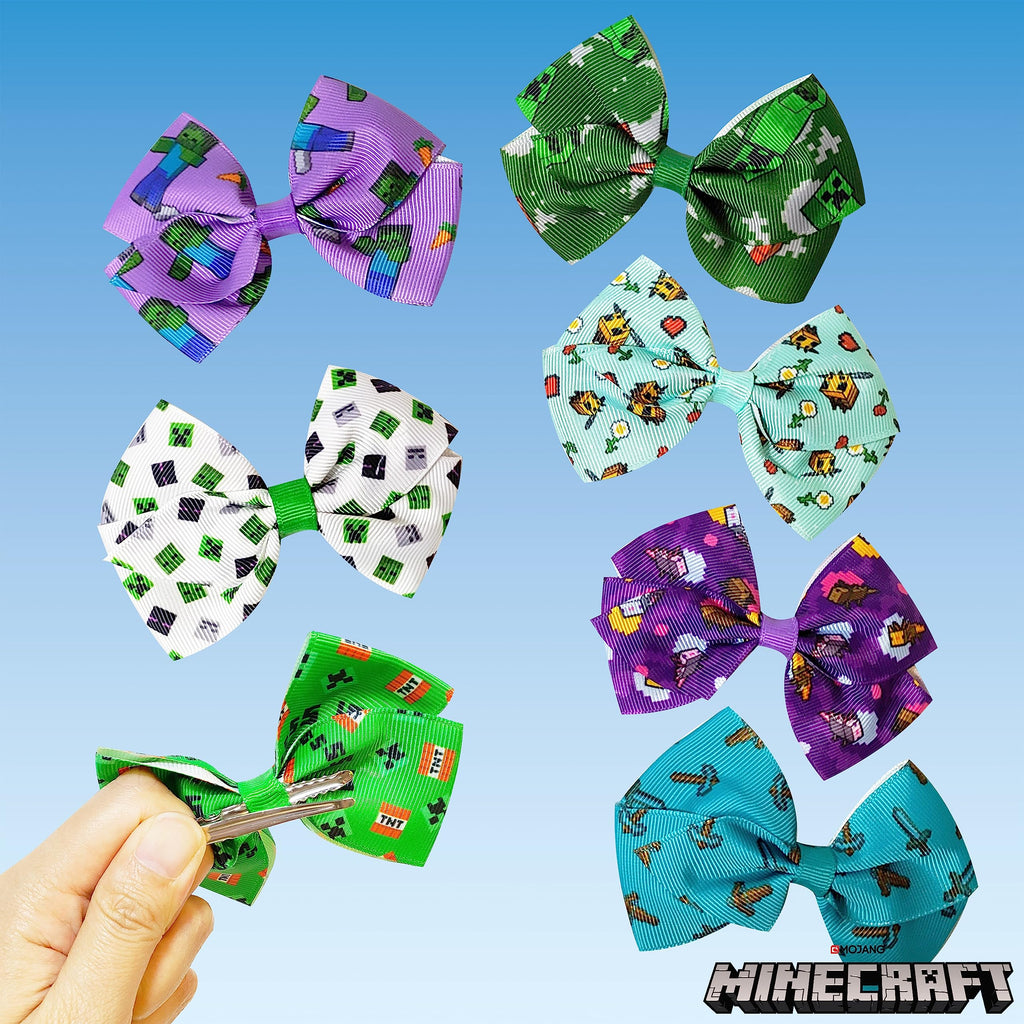 LUV HER Minecraft Kids Hair Bows - 7 Pcs, 4-Inch Bundle, Multicolor Clips