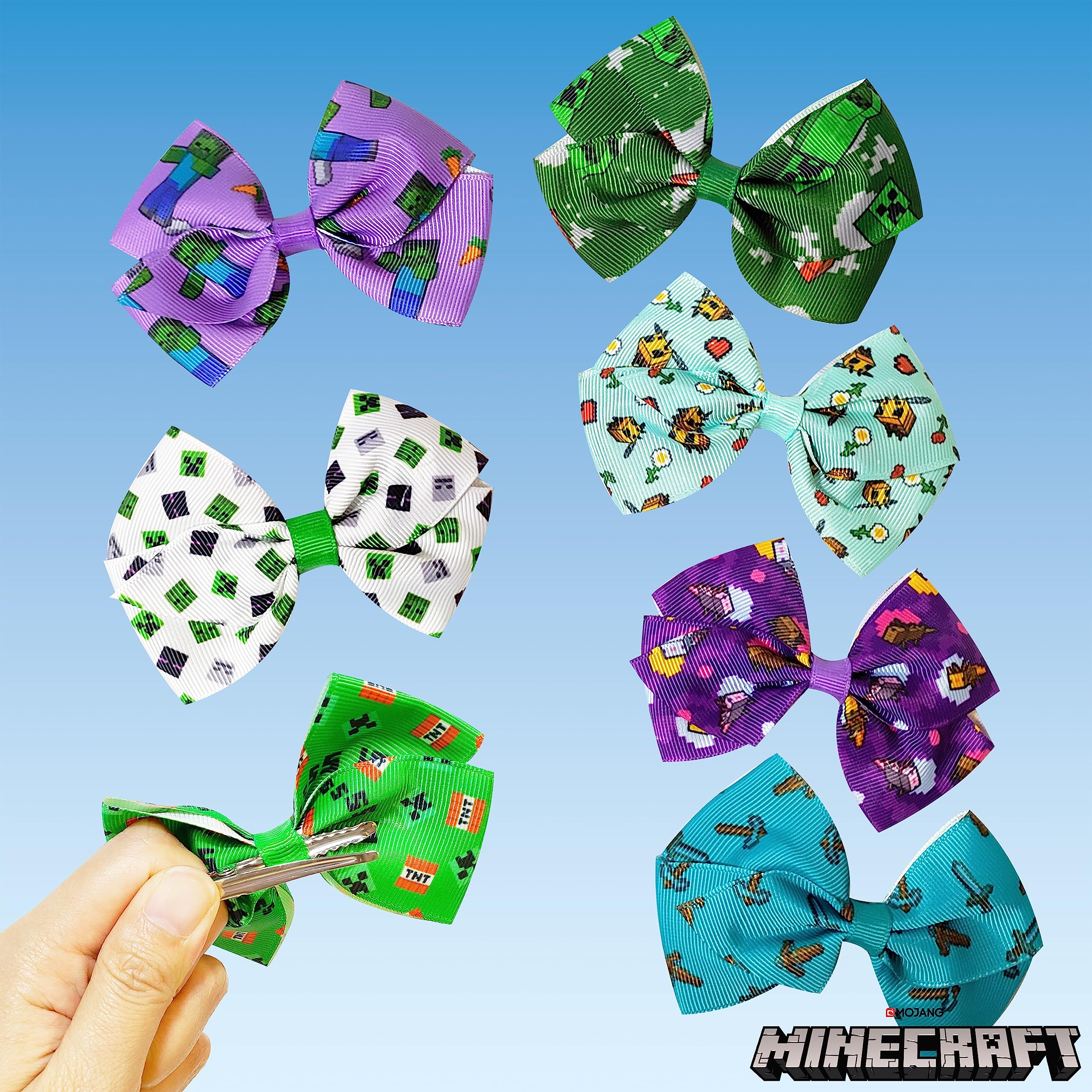 LUV HER Minecraft Kids Hair Bows - 7 Pcs, 4-Inch Bundle, Multicolor Clips