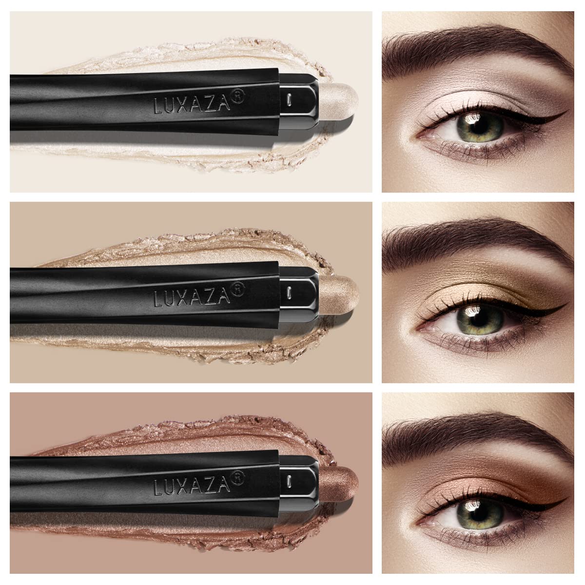 LUXAZA 3PCS Eyeshadow Stick – Champagne Metallic, Matte & Shimmer Eye Pencil Set