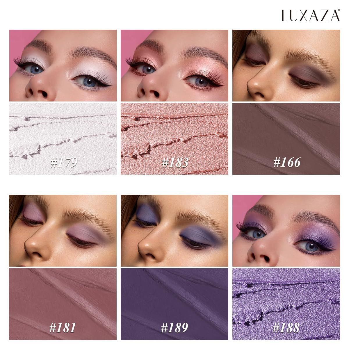 LUXAZA PRO Neutral Eyeshadow Stick 6PCS Set – Pink & Purple Metallic Shimmer Matte Cream Shadow