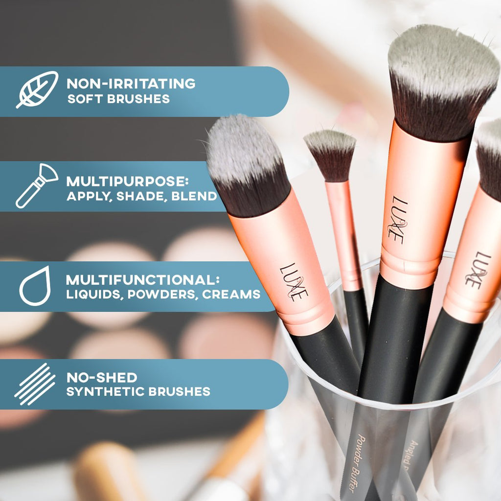 Luxe Premium Makeup Brushes Set (14pc) – Synthetic Face & Eye Brushes + Cleaning Solution