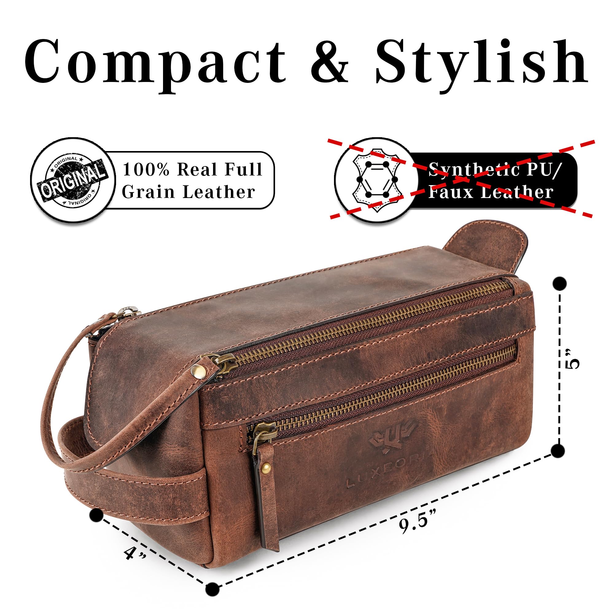 LUXEORIA Premium Handmade Leather Toiletry Bags for Men & Women | Chocolate Dopp Kit & Travel Cosmetic Bag