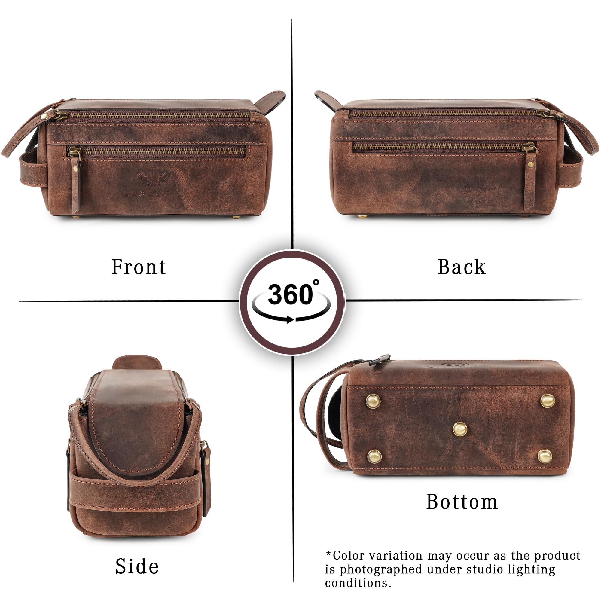 LUXEORIA Premium Handmade Leather Toiletry Bags for Men & Women | Chocolate Dopp Kit & Travel Cosmetic Bag
