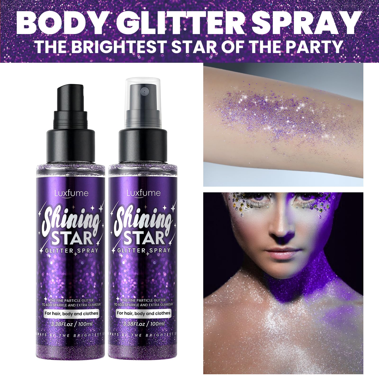 Luxfume Body Glitter Spray | Quick-Drying, Waterproof Glitter Hairspray for Stage Makeup, 3.38 oz