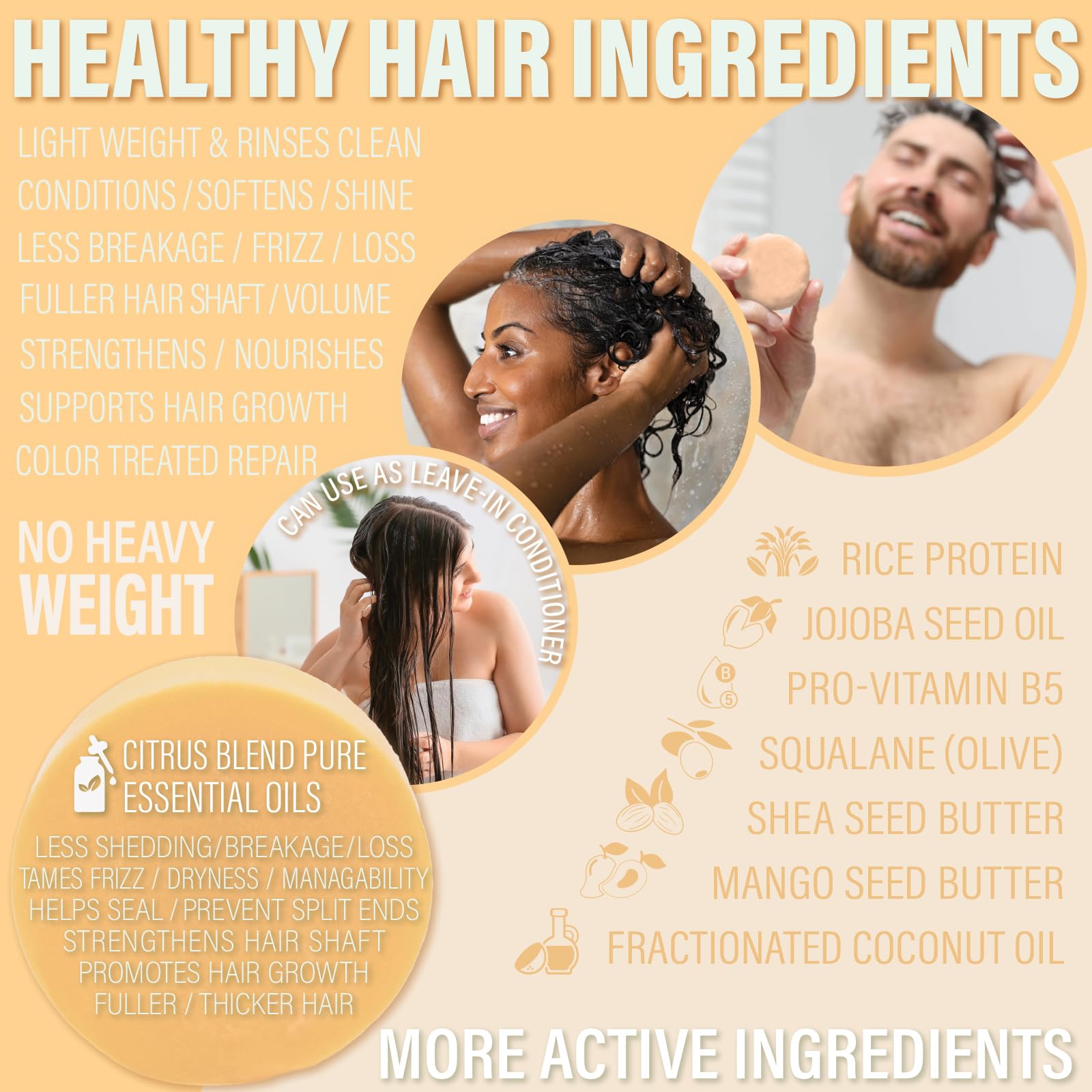 Luxiny Citrus Splash Natural Conditioner Bar — Sulfate-Free, Made in USA, 50g, Up to 70 Uses | Travel & All Hair Types