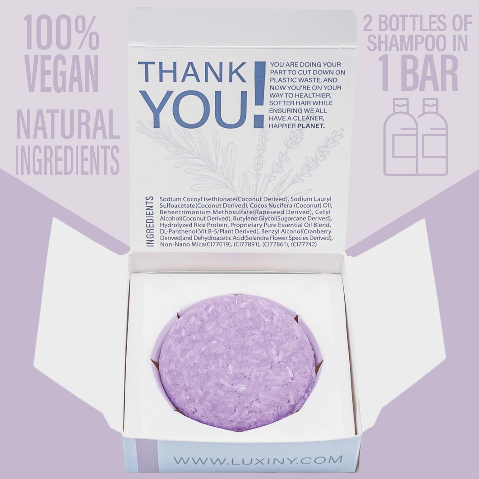 Luxiny Rosemary Lavender Volumizing Shampoo Bar – Vegan, Sulfate-Free, Made in USA, Rice Protein for Fine Hair, Eco-Friendly, Plastic-Free (Up to 75 Washes)