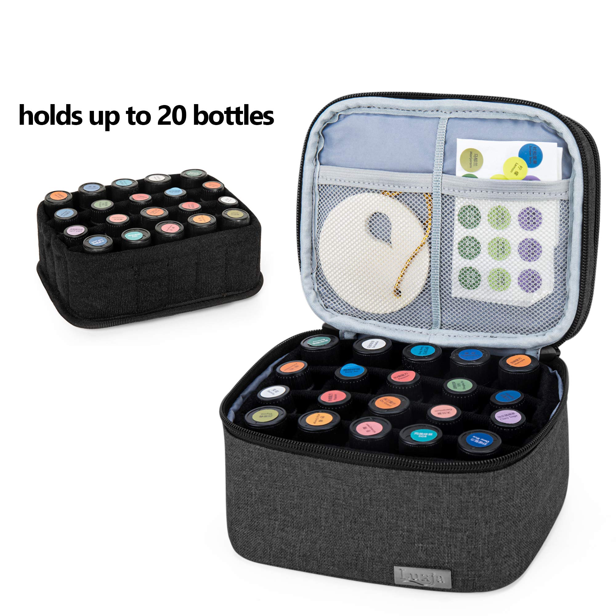 LUXJA Essential Oils Bag - Holds 20 Bottles (5–30 ml), Fits Rollers | Double-Layer Organizer | Black