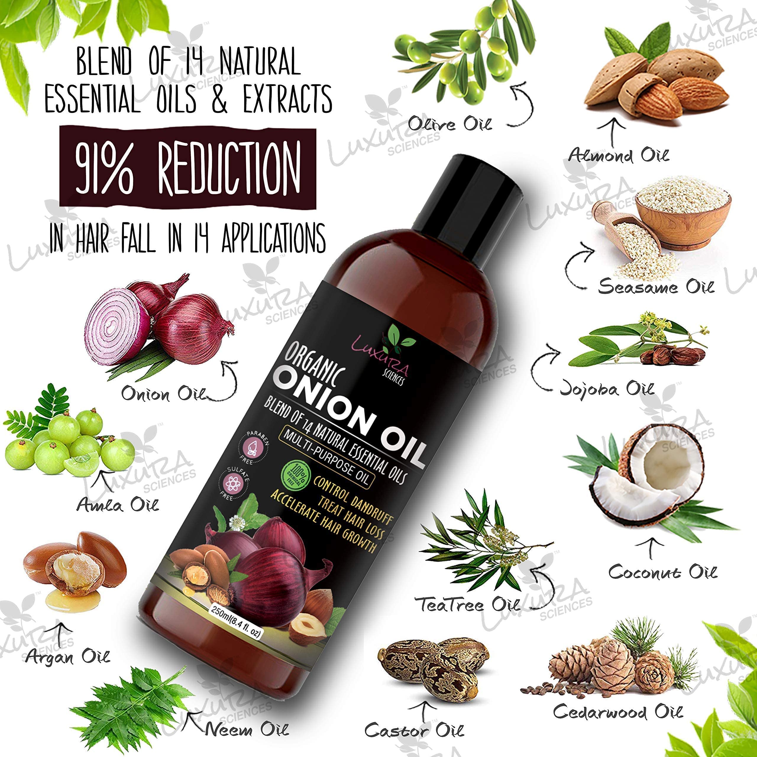 Luxura Sciences Organic Onion Oil | Hair Growth, Dandruff Control & Strong Roots | 8.45 fl oz