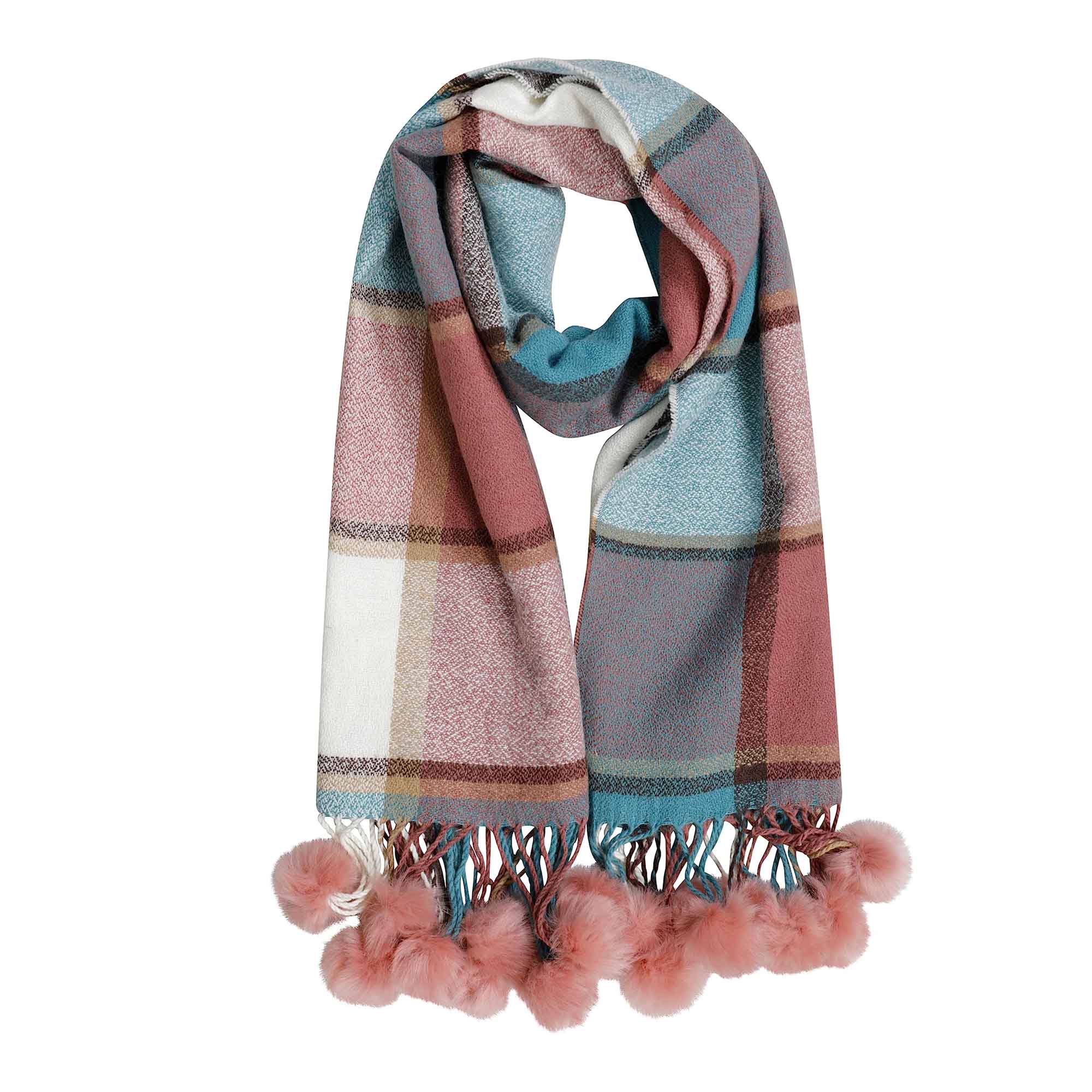 Sock Stack Luxurious Oversized Soft Touch Scarf Blanket With Pom Poms Red And Pink Check