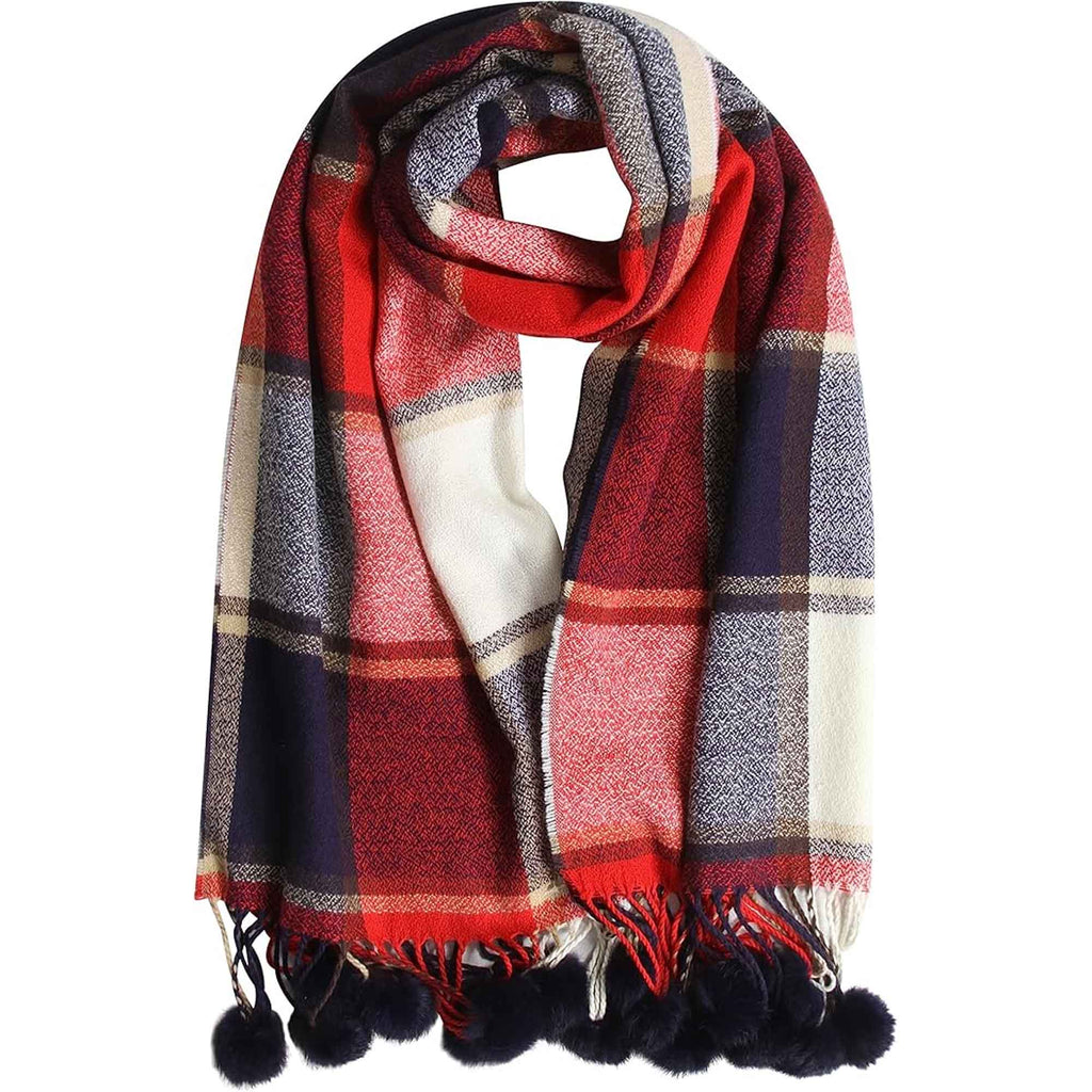 Sock Stack Luxurious Oversized Soft Touch Scarf Blanket With Pom Poms Red And Pink Check