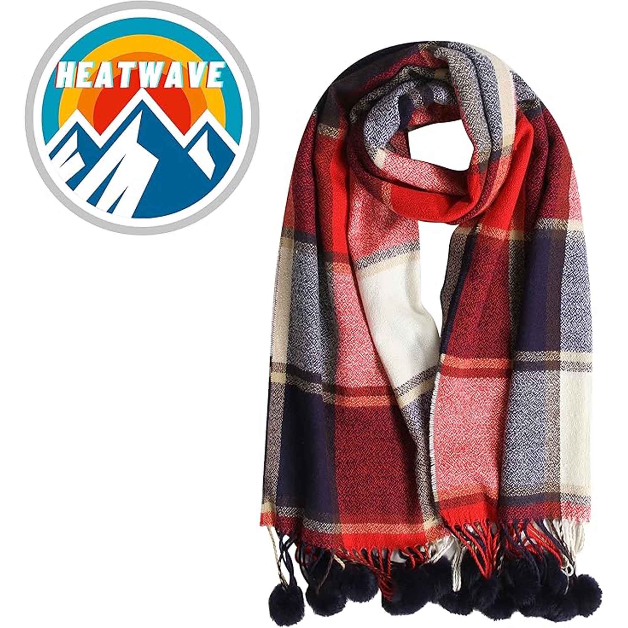 Sock Stack Luxurious Oversized Soft Touch Scarf Blanket With Pom Poms Red And Pink Check