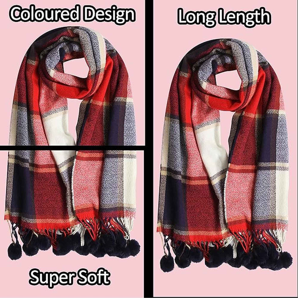 Sock Stack Luxurious Oversized Soft Touch Scarf Blanket With Pom Poms Red And Pink Check