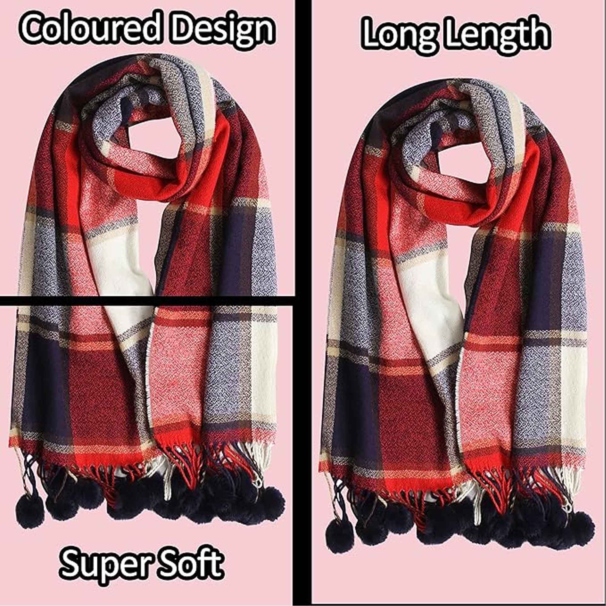 Sock Stack Luxurious Oversized Soft Touch Scarf Blanket With Pom Poms Red And Pink Check