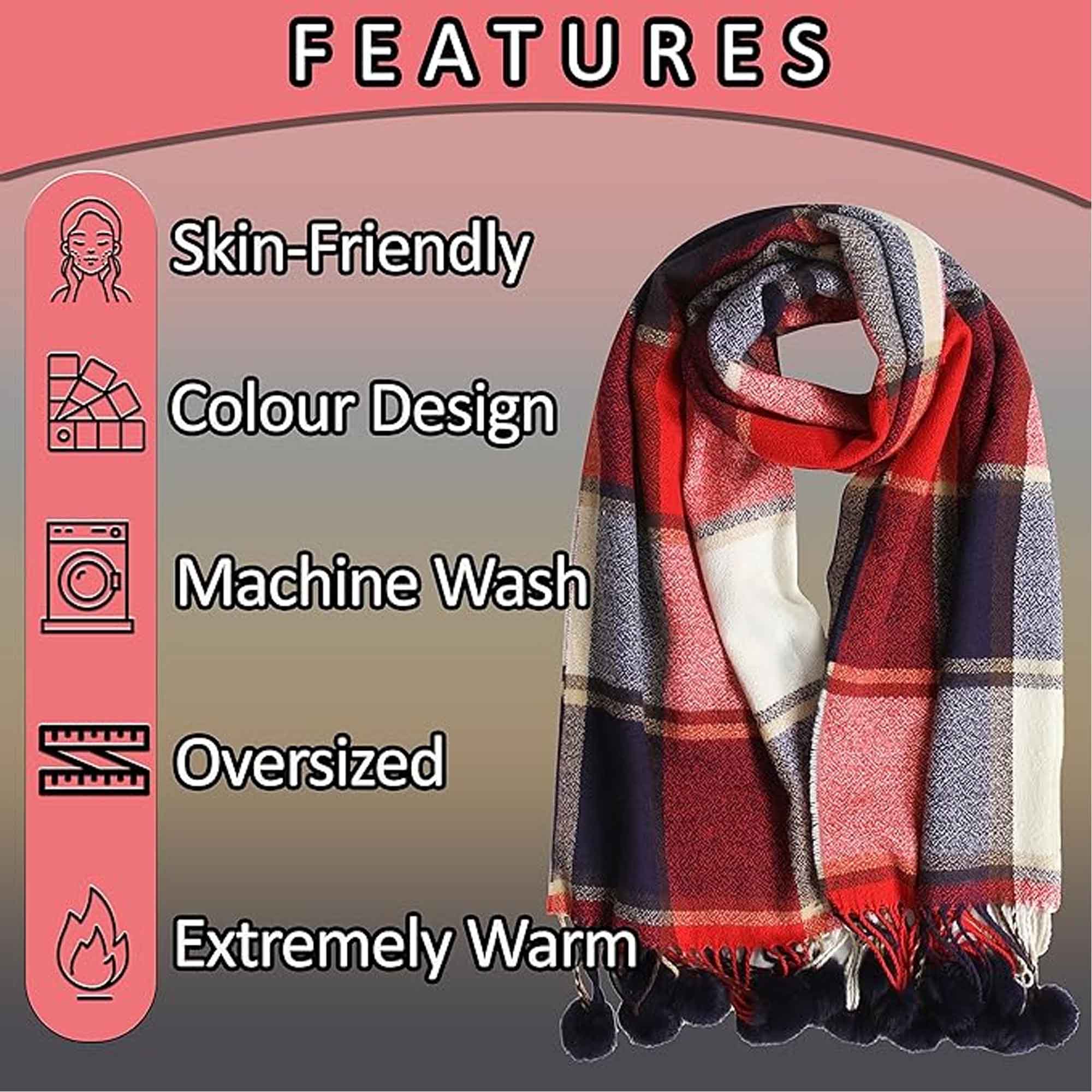 Sock Stack Luxurious Oversized Soft Touch Scarf Blanket With Pom Poms Red And Pink Check