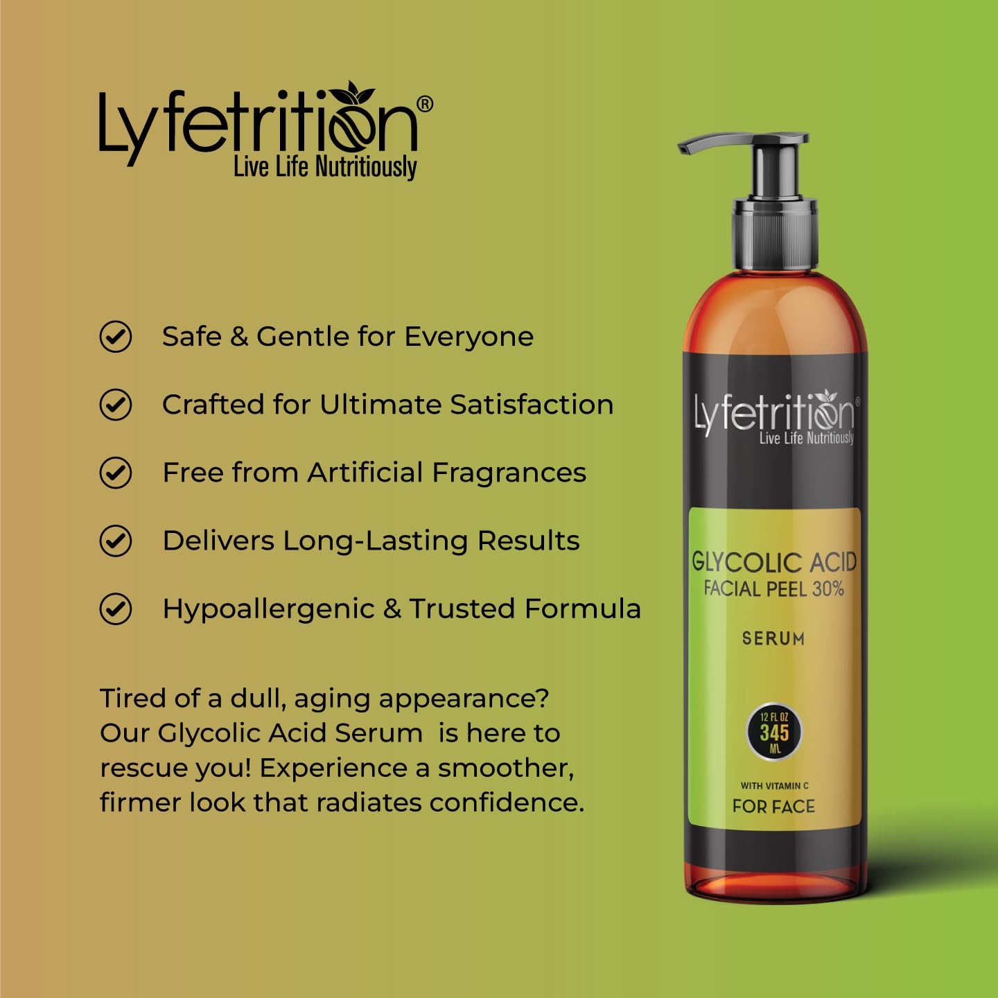 Lyfetrition Glycolic 30% Renewal Serum with Vitamins C & E – Brightening & Exfoliating (12 oz)