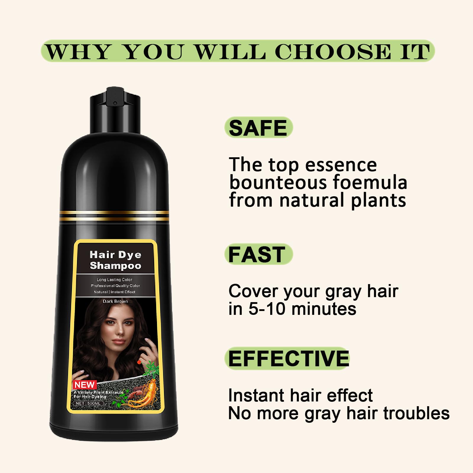 Lymznus Instant Dark Brown Hair Dye Shampoo — 3-in-1 Color, Cleanse & Condition (17.6 oz)