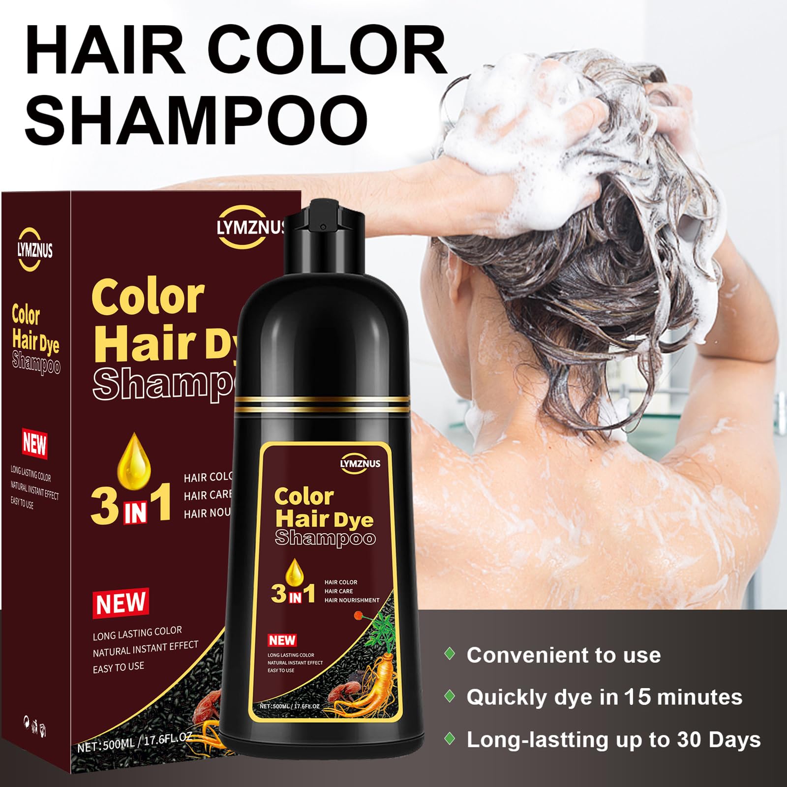 Lymznus Cherry Brown 3-in-1 Hair Color Shampoo (500ml) – Easy At-Home Dye