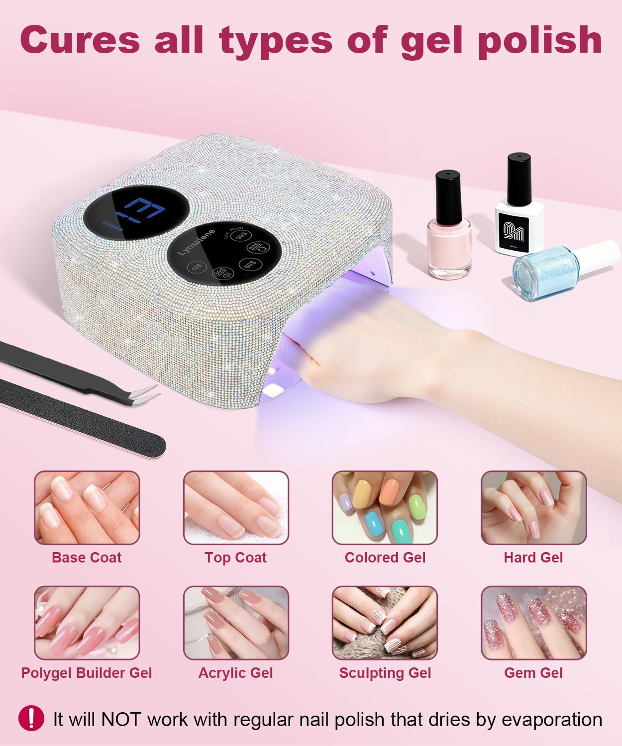 Lynsalene 80W Cordless Nail Lamp with Magnetic Detachable Base | Dual Screen Display & Gel Nail Light (Diamond)
