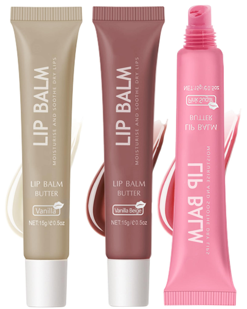 LYSdefeu Butter Tinted Lip Balm Set A — 3 Colors Vanilla Beige Brown Pink Sugar + Clear Jelly Tint