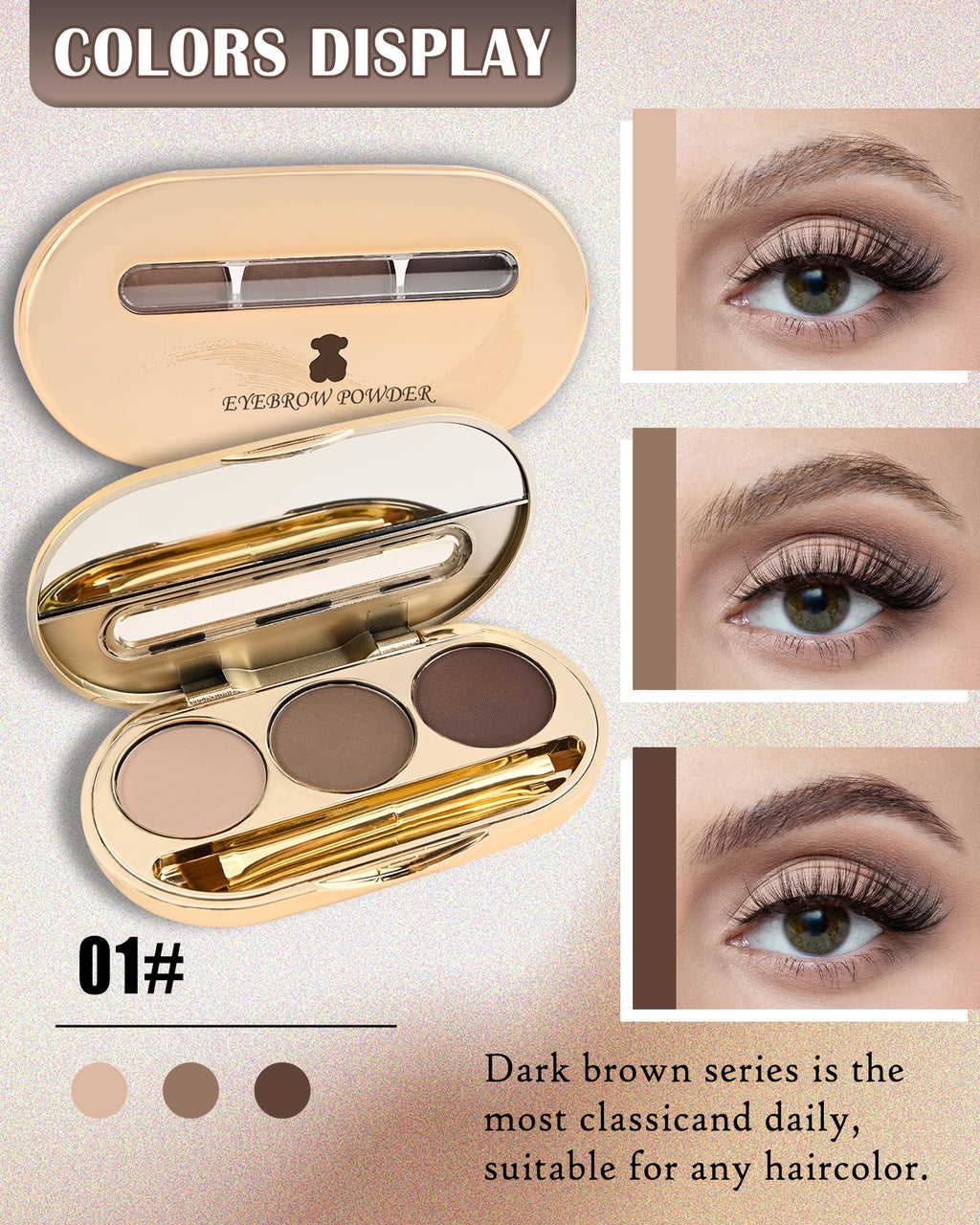LYSdefeu Eyebrow Powder Kit – 3-Color Matte Palette with Mirror & Tools