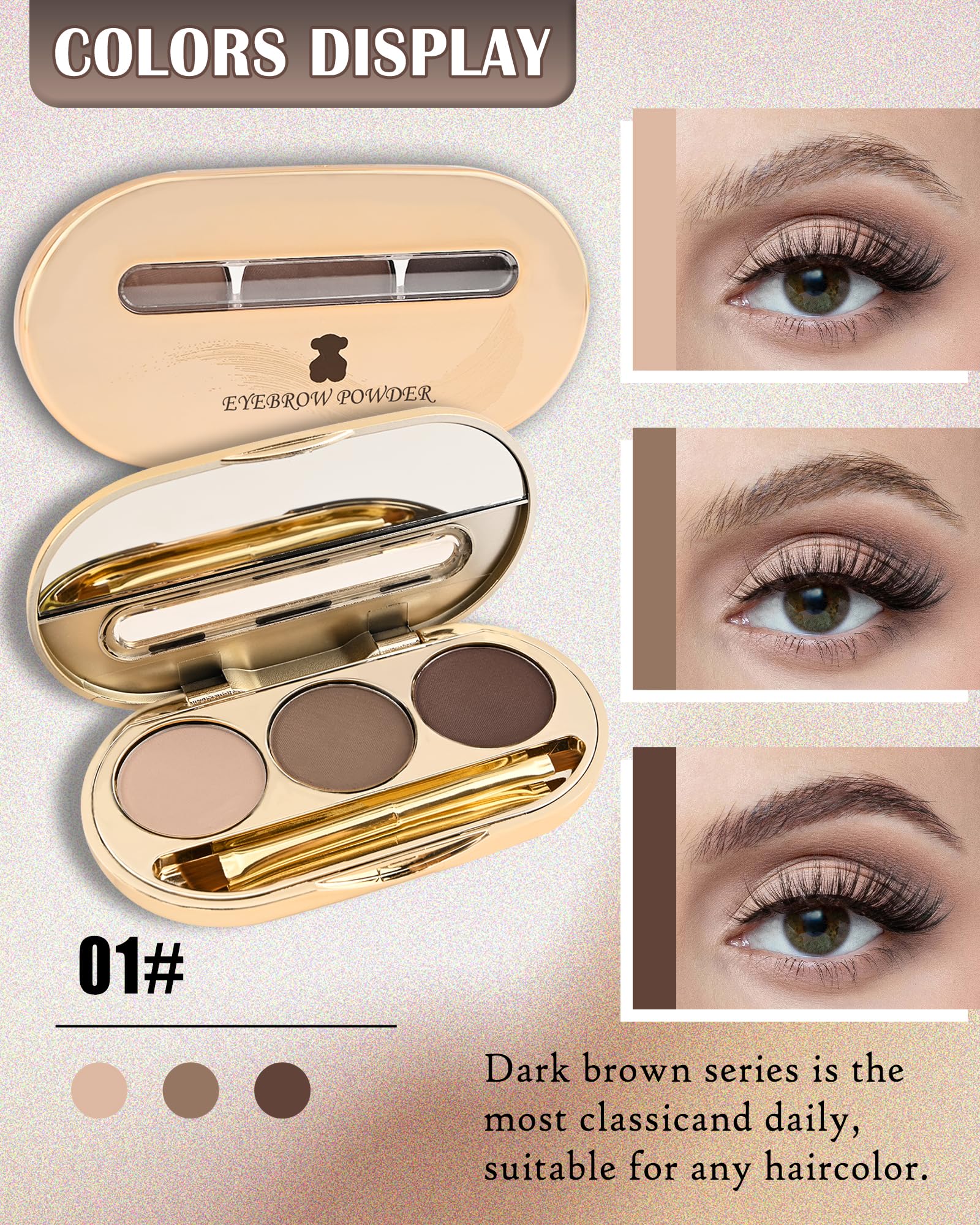LYSdefeu Eyebrow Powder Kit – 3-Color Matte Palette with Mirror & Tools